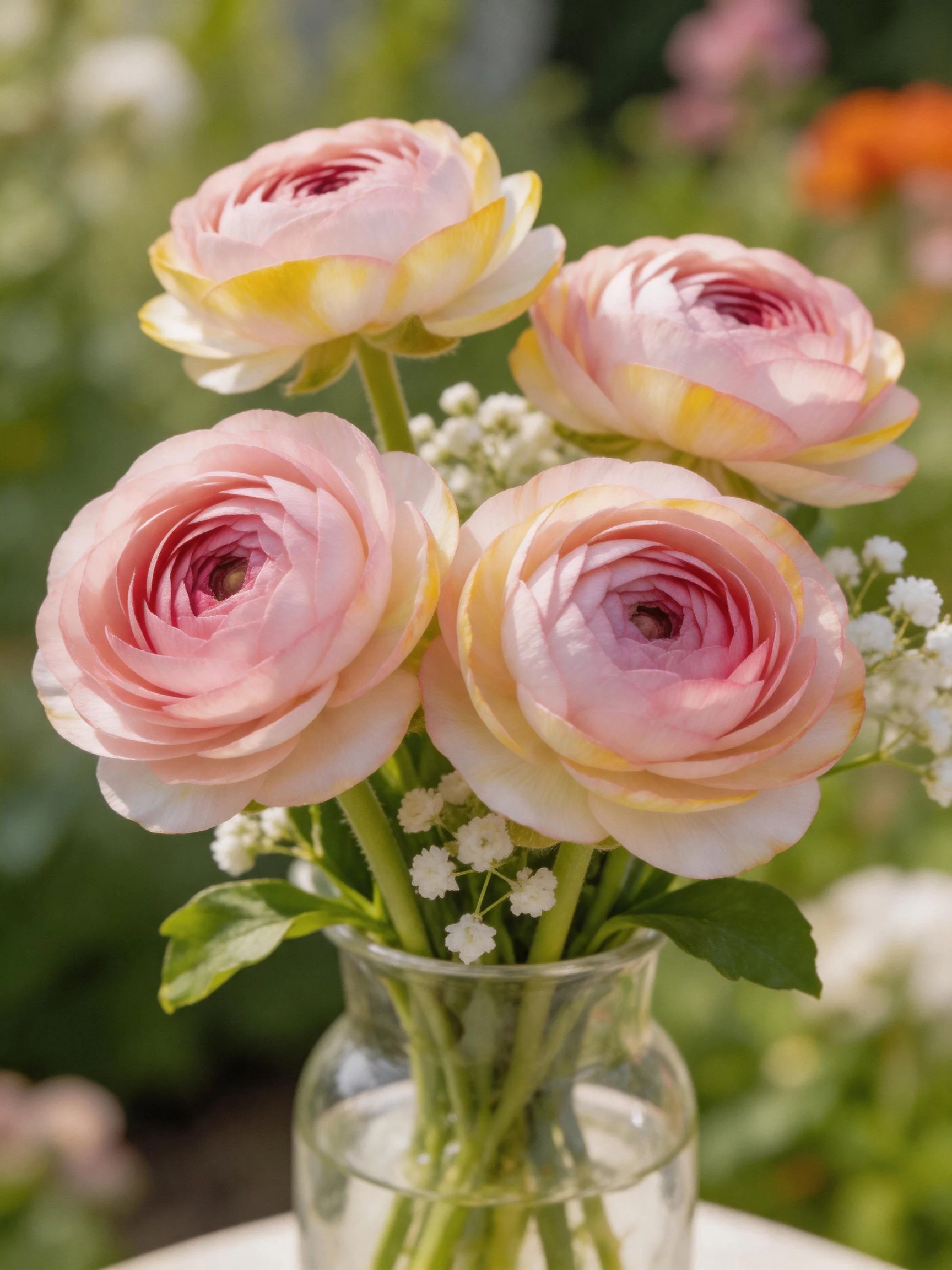 Four pink ranunculus flowers in a glass vase with baby’s breath
