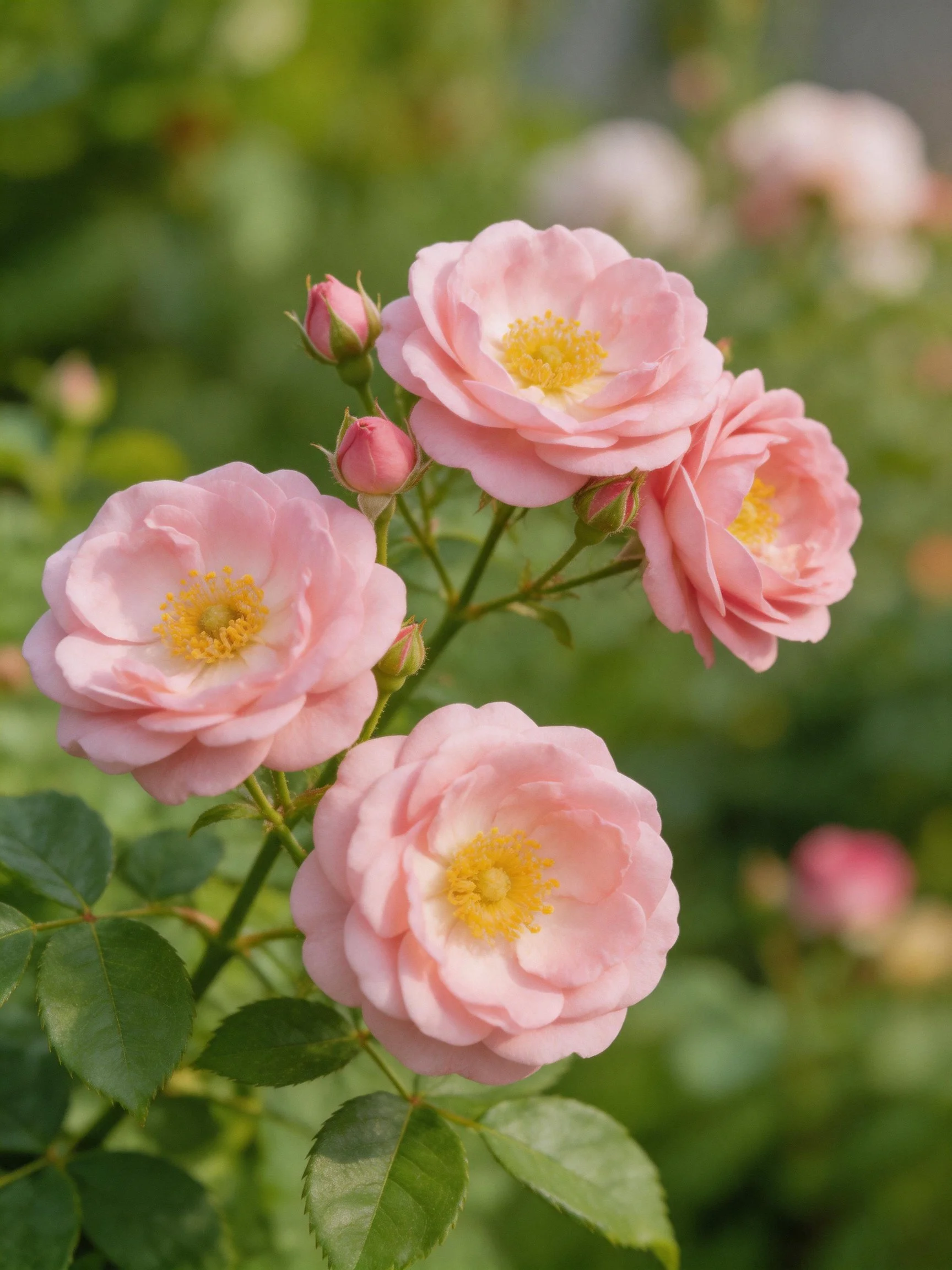 Four pink roses bloom amid green foliage and rosebuds