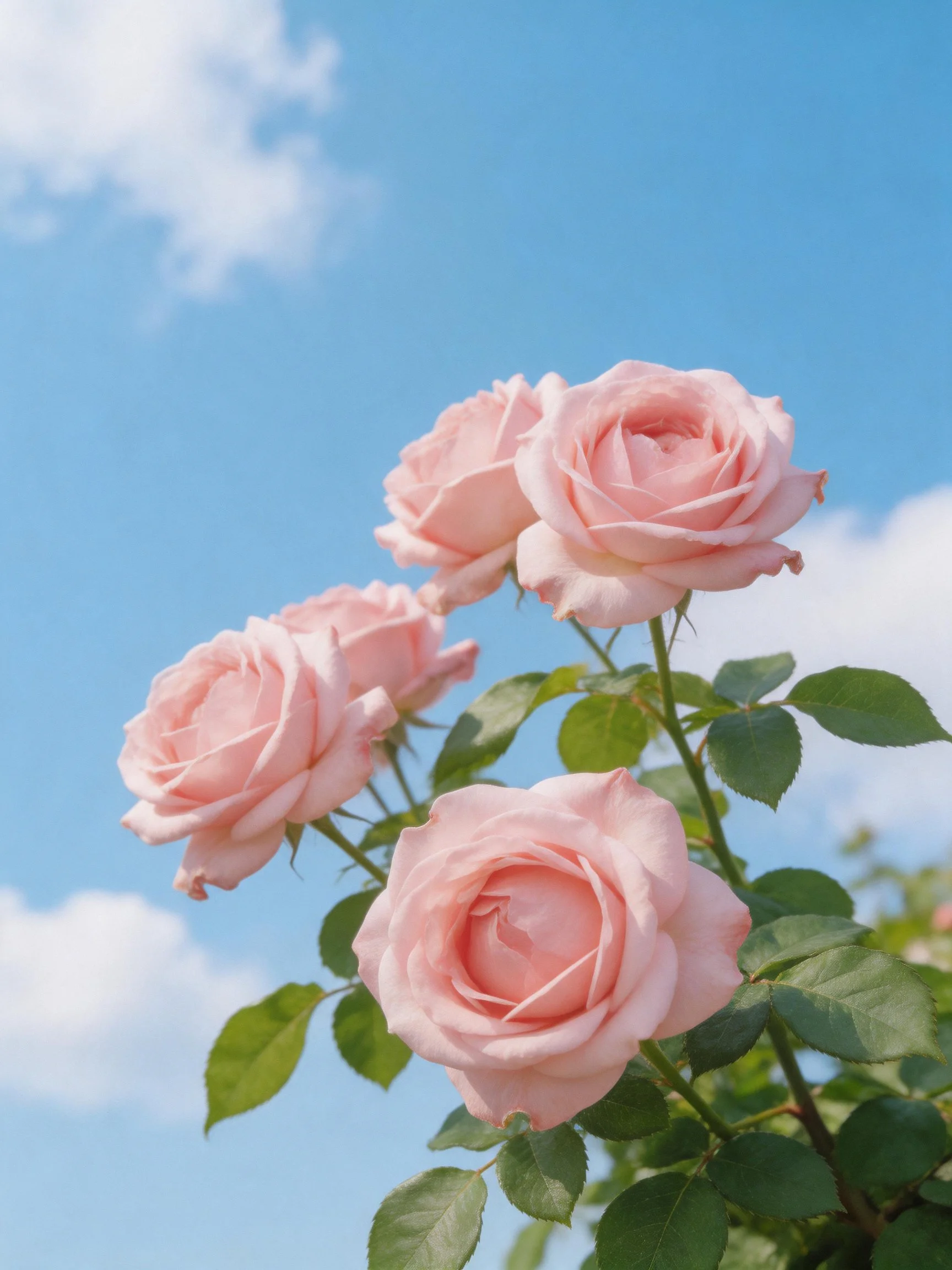 Four pink roses bloom beneath bright blue sky with white clouds