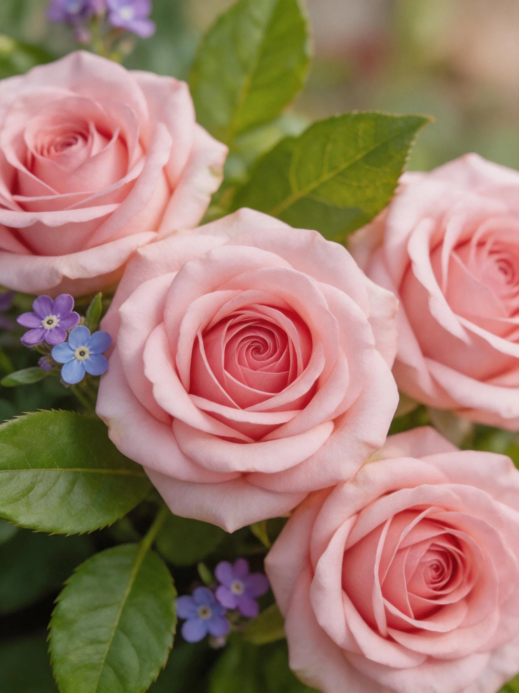 Four pink roses with green leaves and small blue-purple blooms