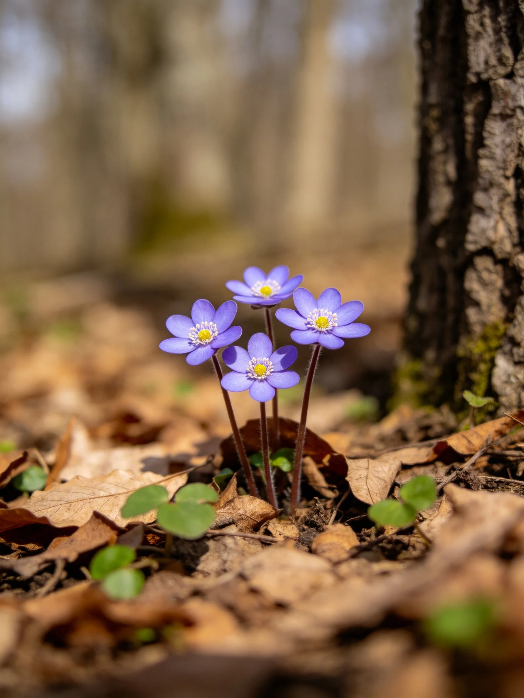 Four purple flowers with yellow centers among dry leaves near a tree trunk