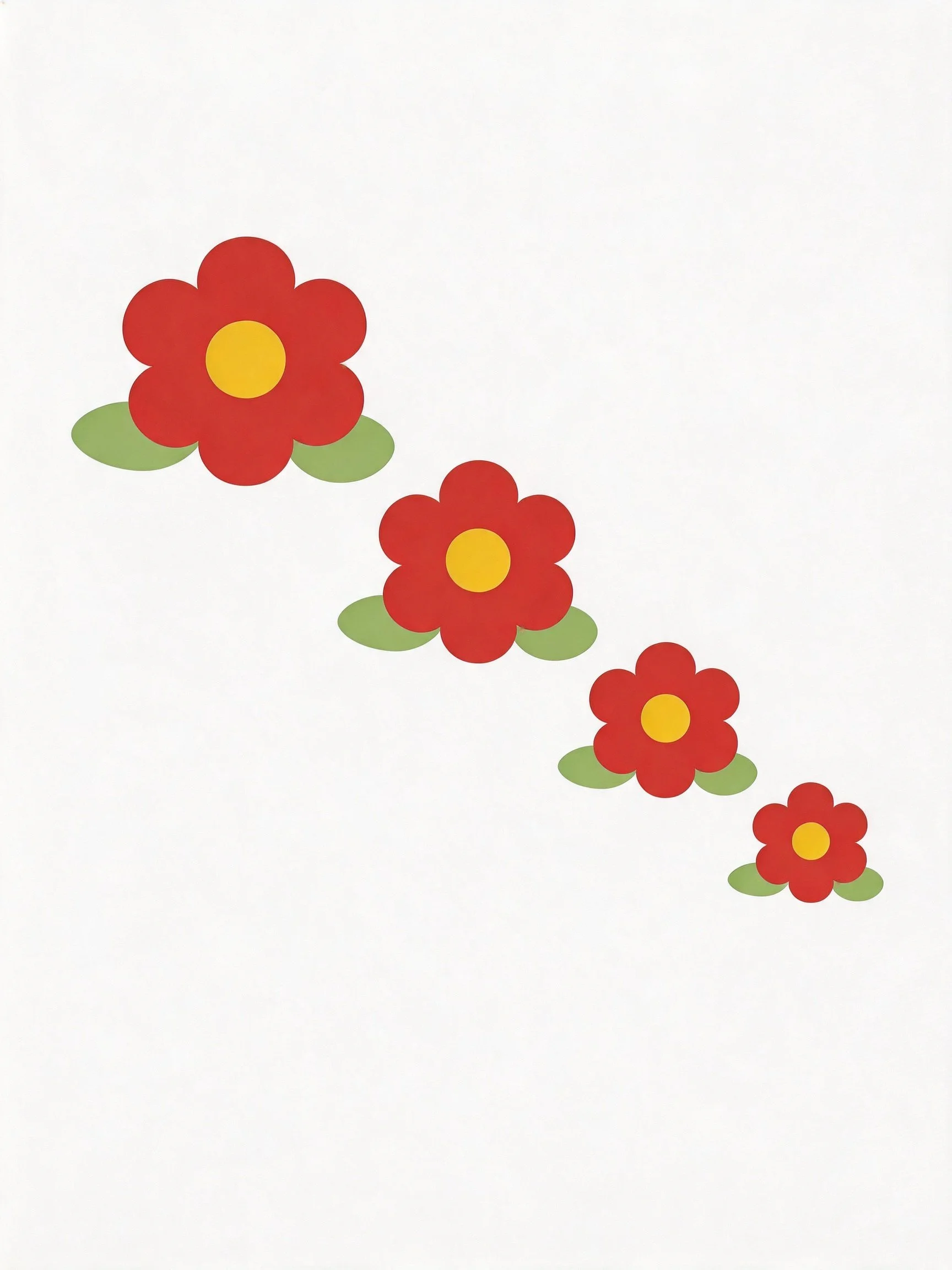 Four red flowers with yellow centers and green leaves arranged diagonally
