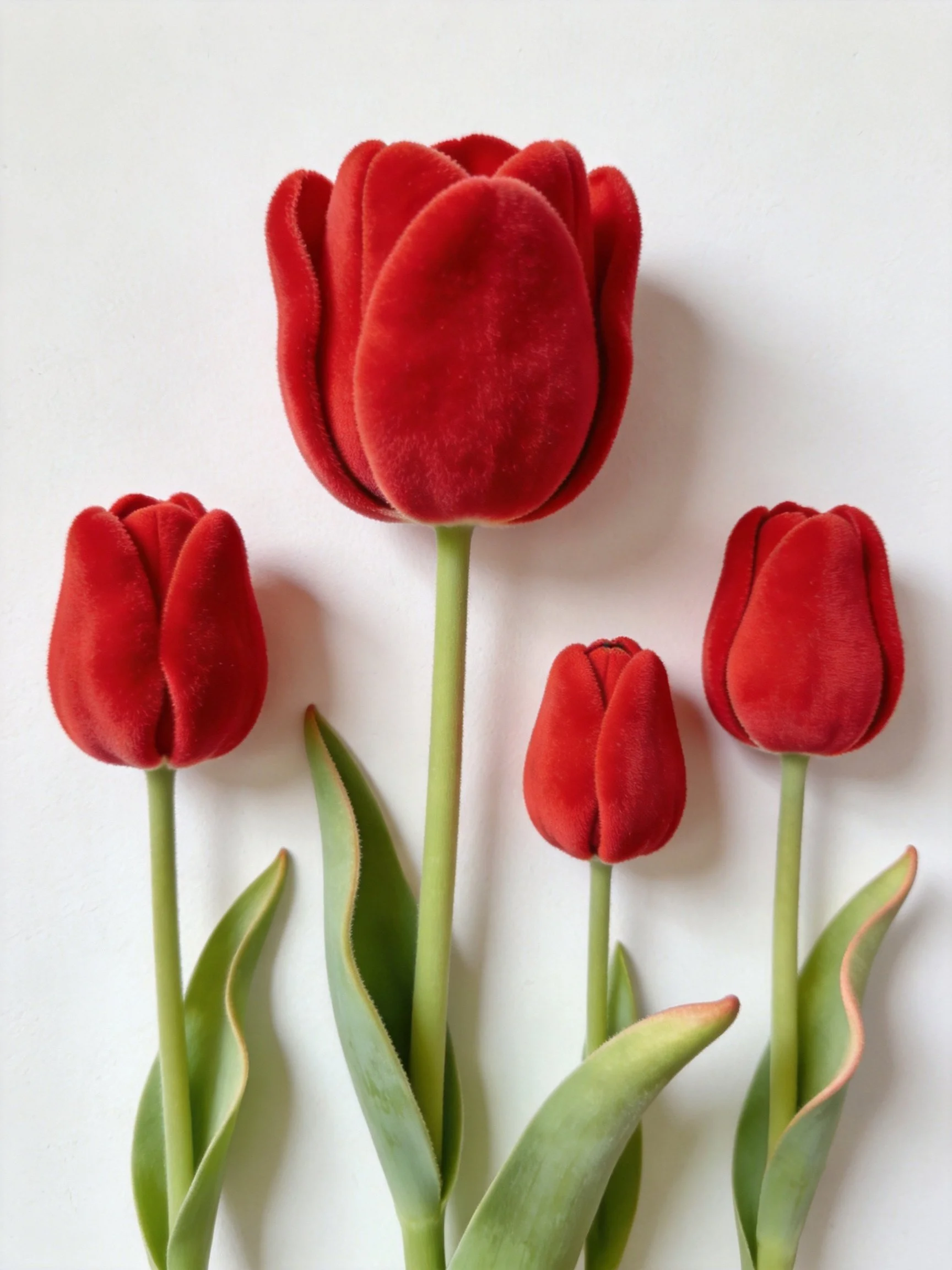 Four red velvet tulip models with green stems and leaves