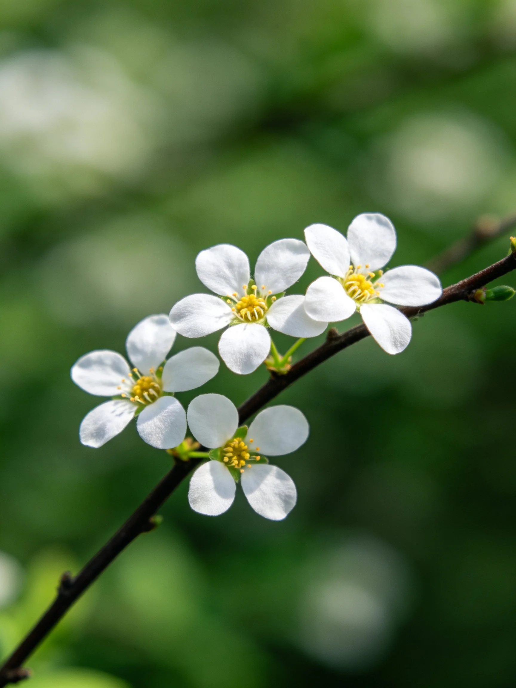 Four small white flowers with yellow centers on a slender branch