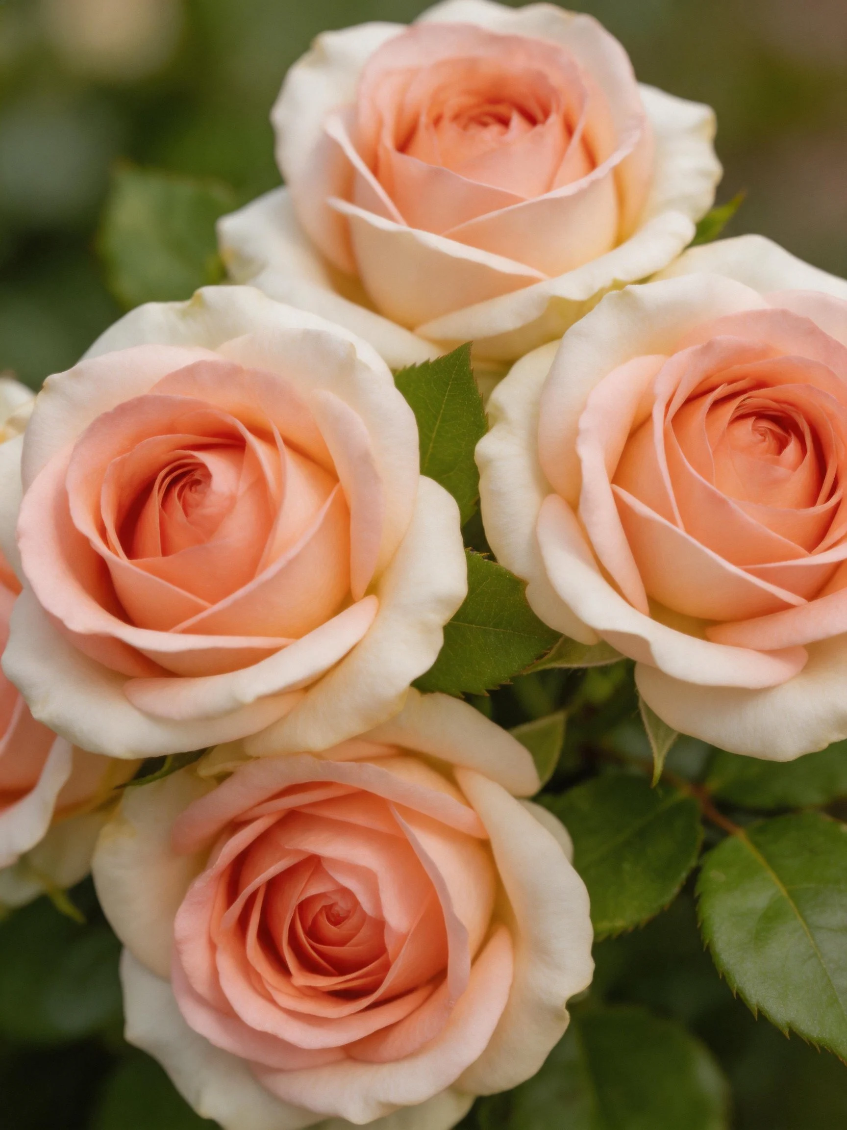 Four soft peach roses with vibrant green leaves