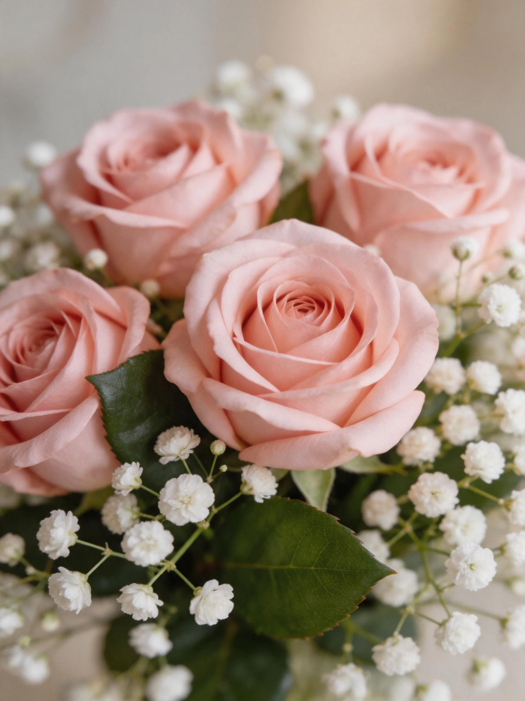 Four soft pink roses arranged with white baby’s breath flowers