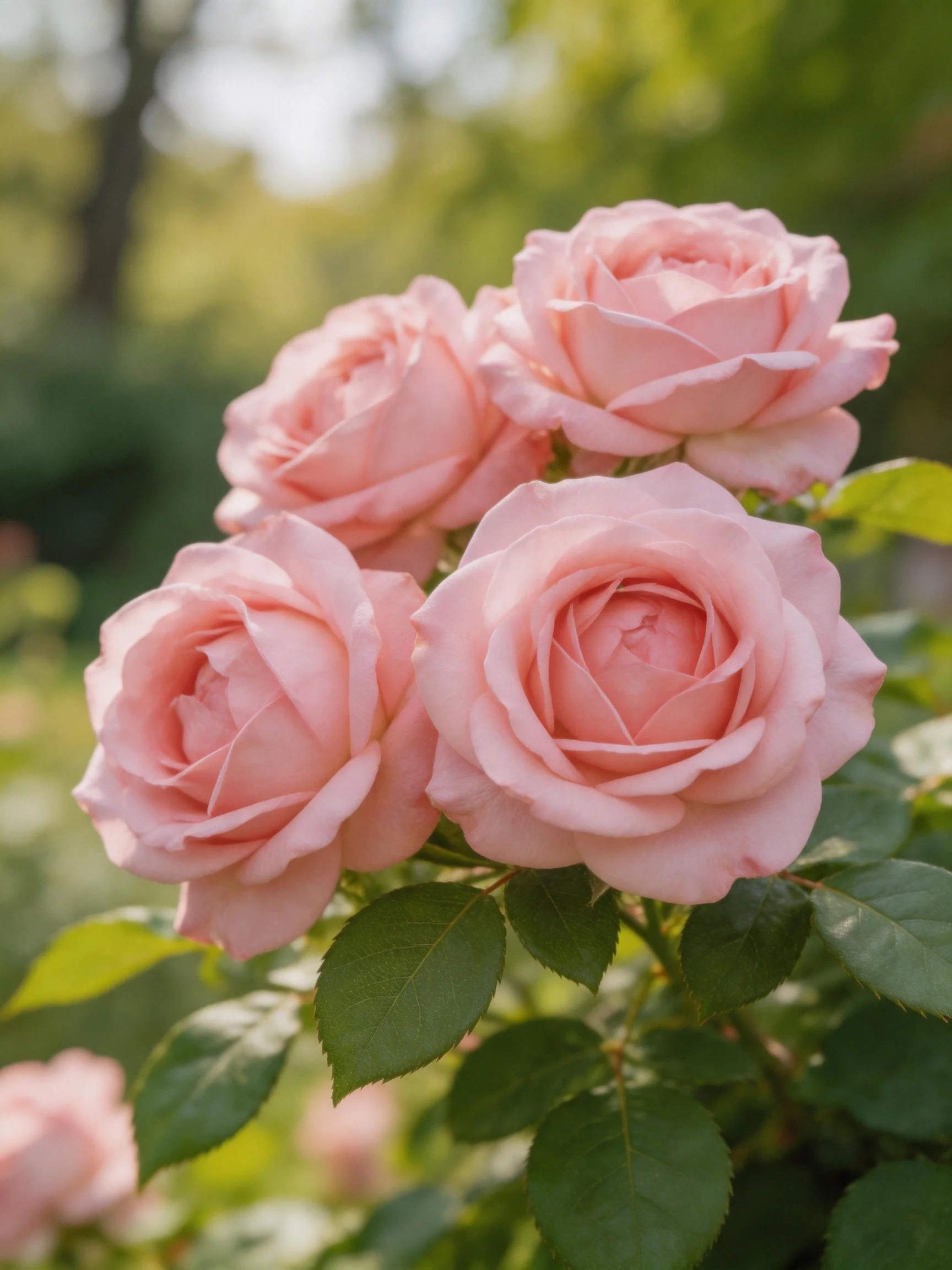 Four soft pink roses bloom amid lush green foliage