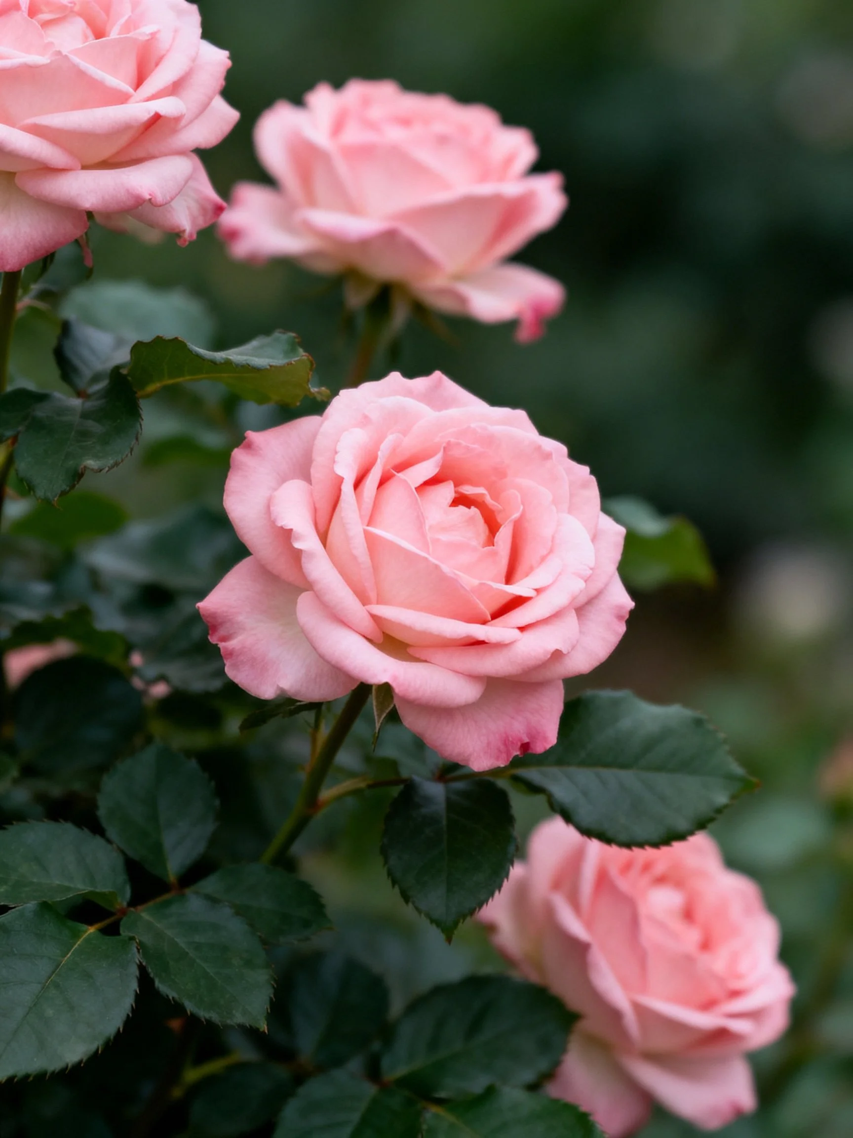 Four soft pink roses bloom among dark green foliage