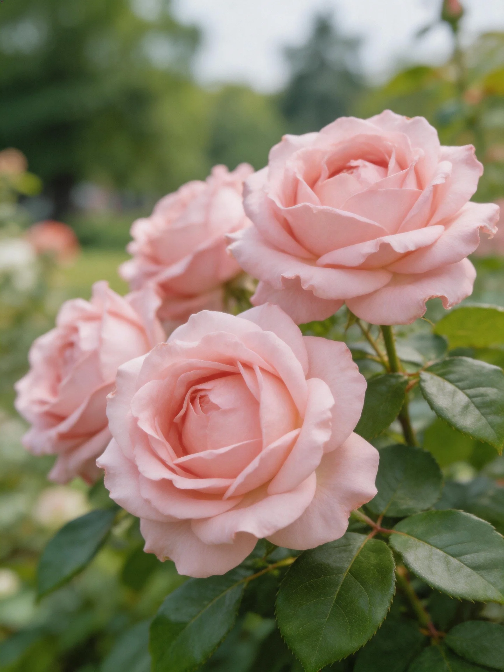 Four soft pink roses bloom among lush green foliage