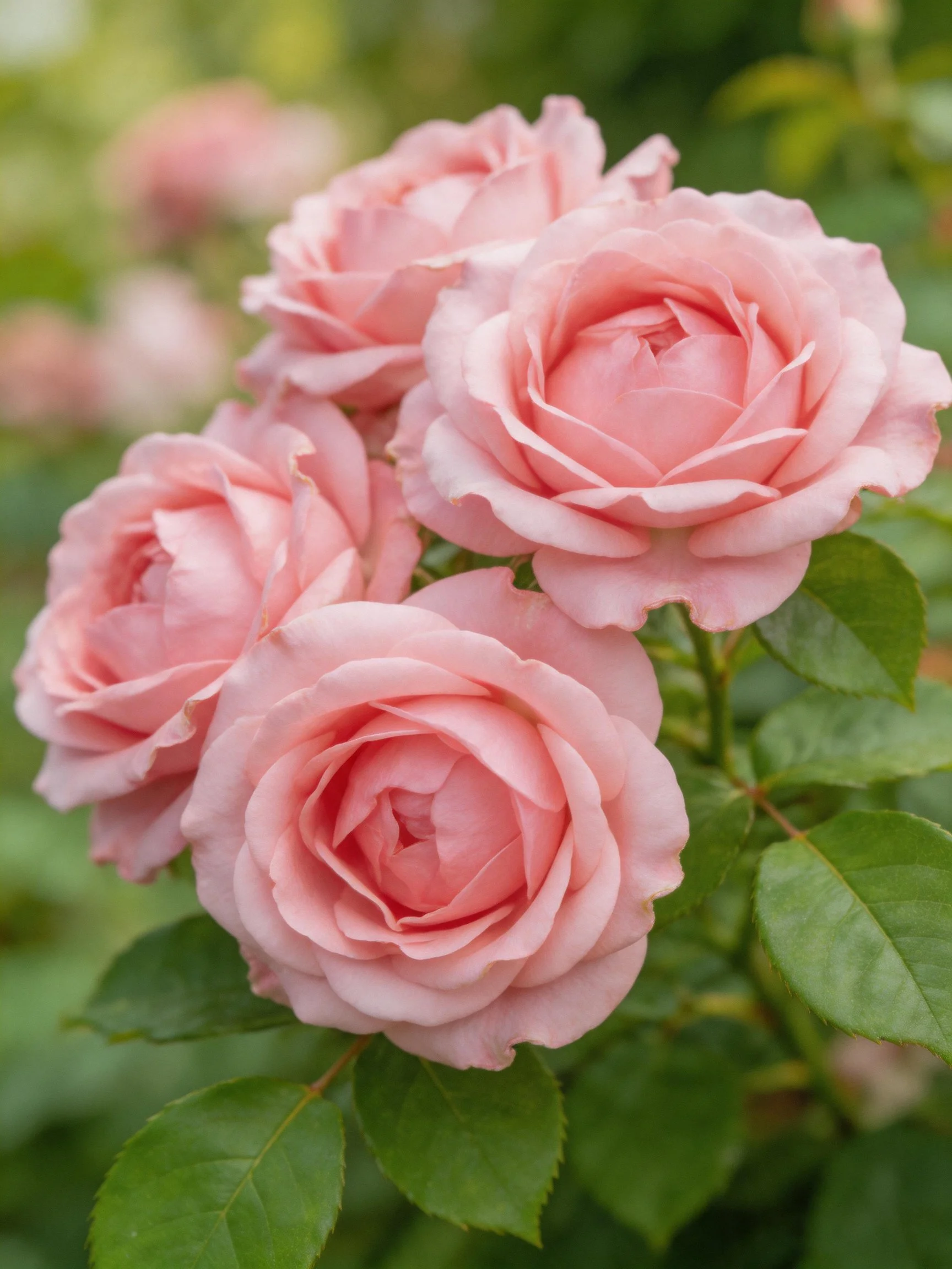 Four soft pink roses blooming among lush green foliage