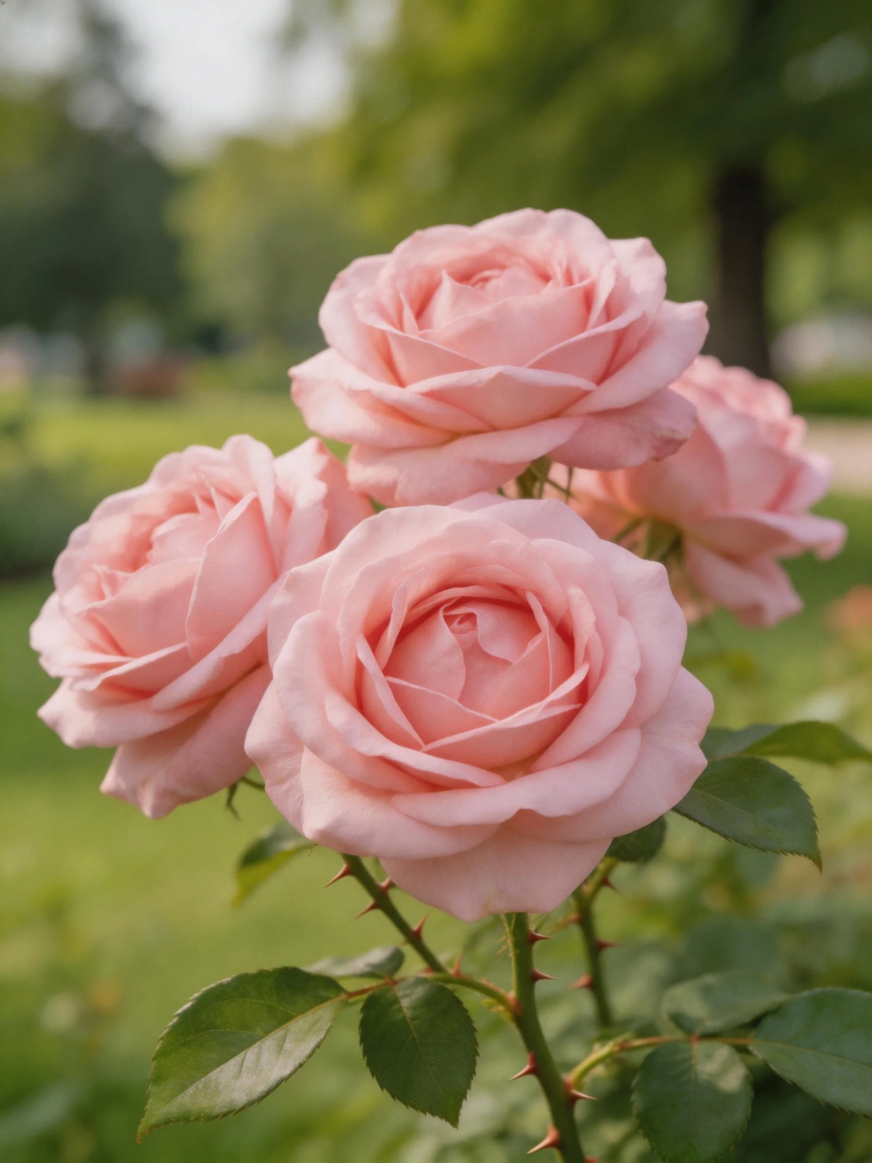 Four soft pink roses blooming in a verdant garden