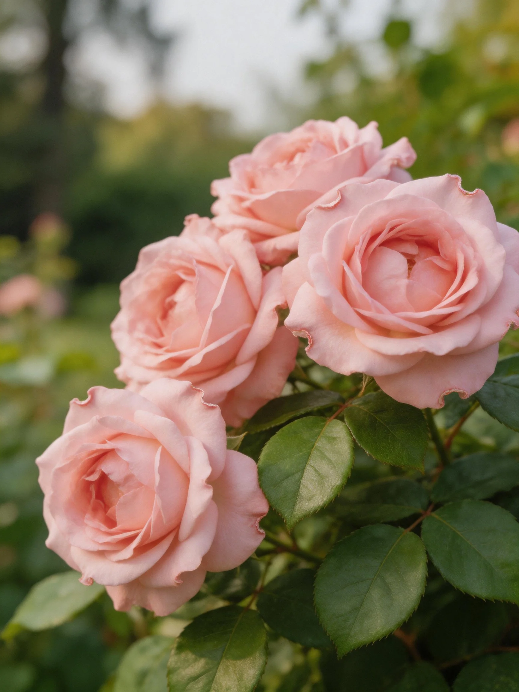 Four soft pink roses cluster among lush green foliage