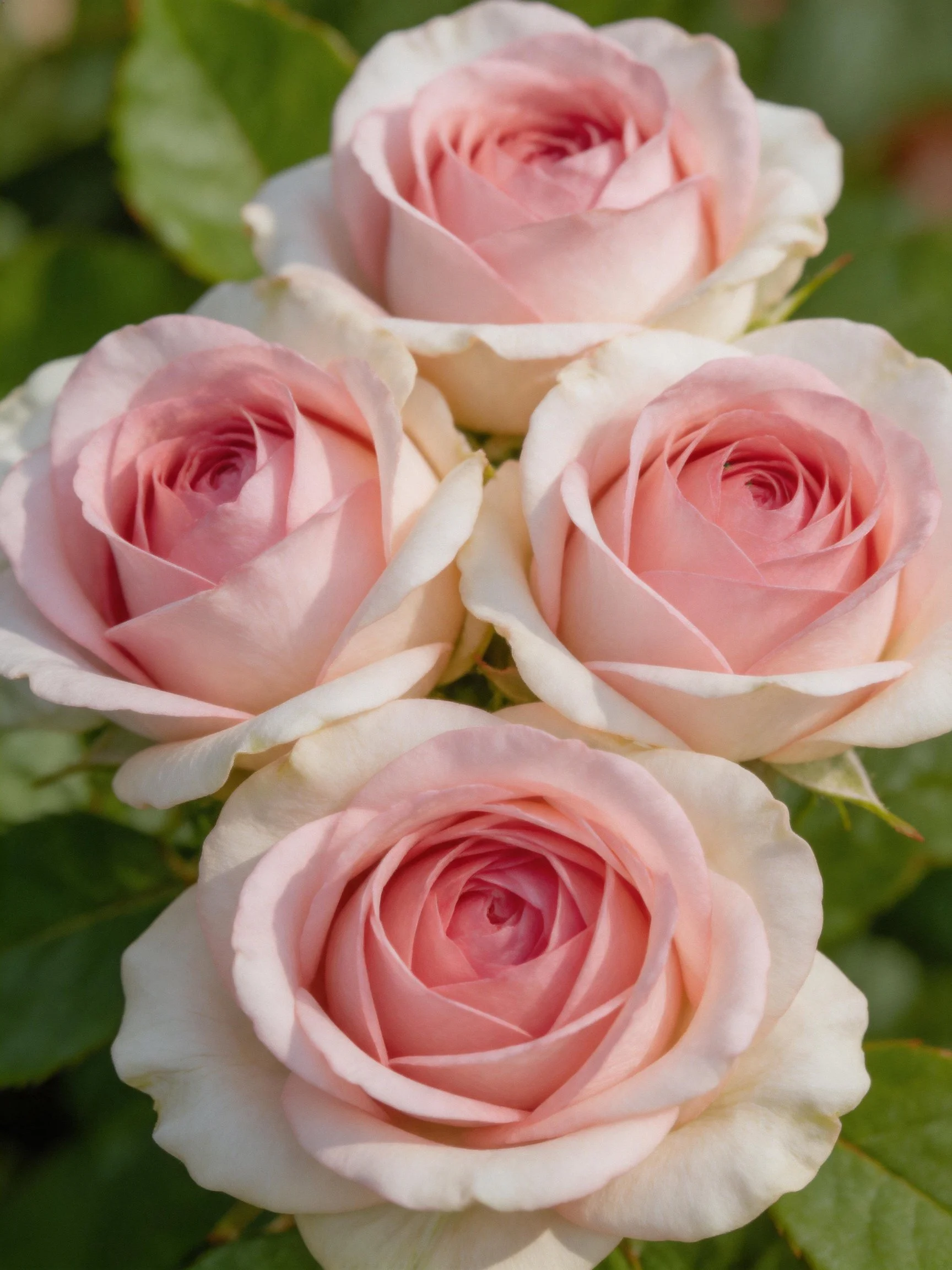 Four soft pink roses clustered among lush green foliage