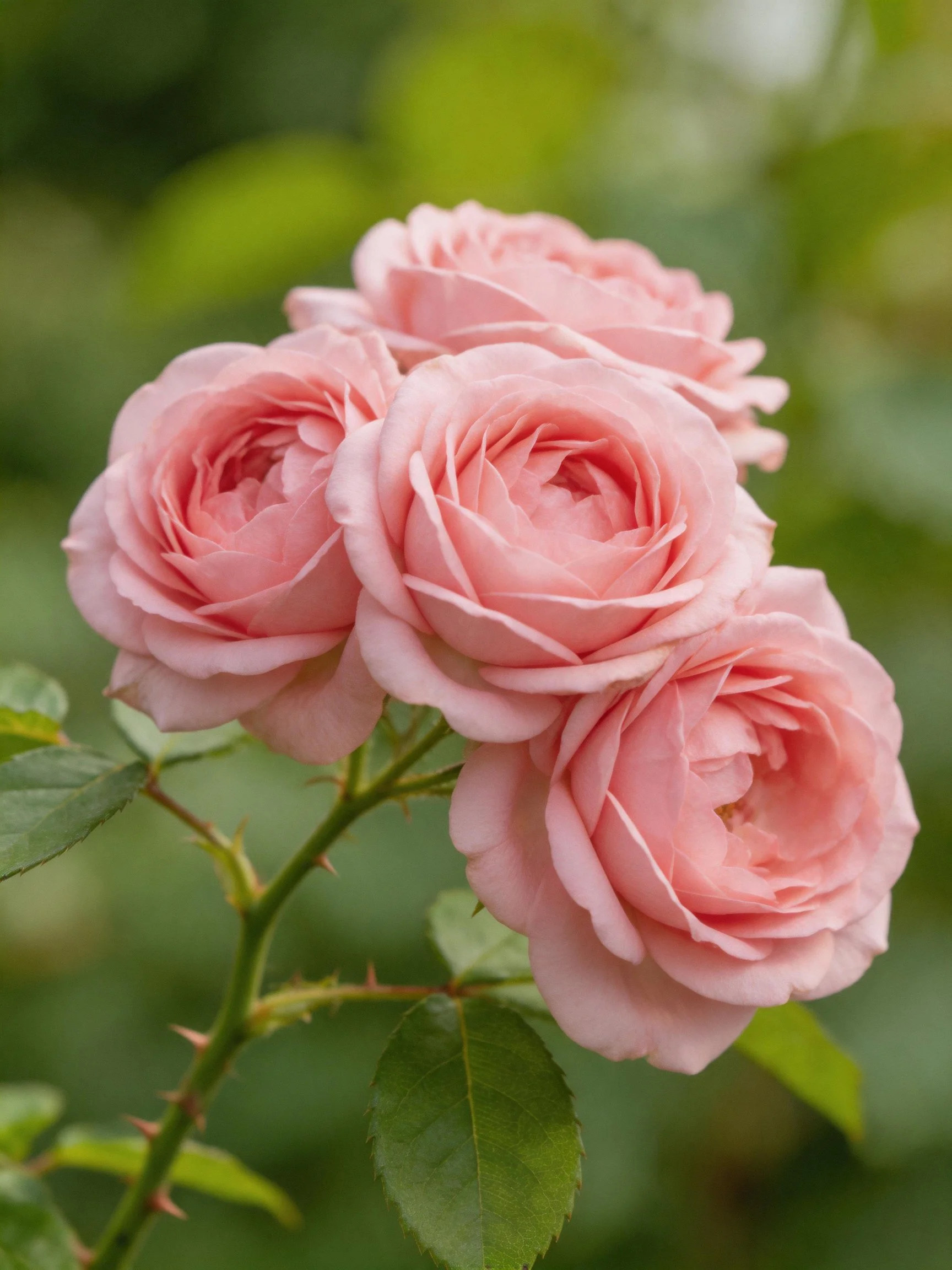 Four soft pink roses clustered on a thorny stem