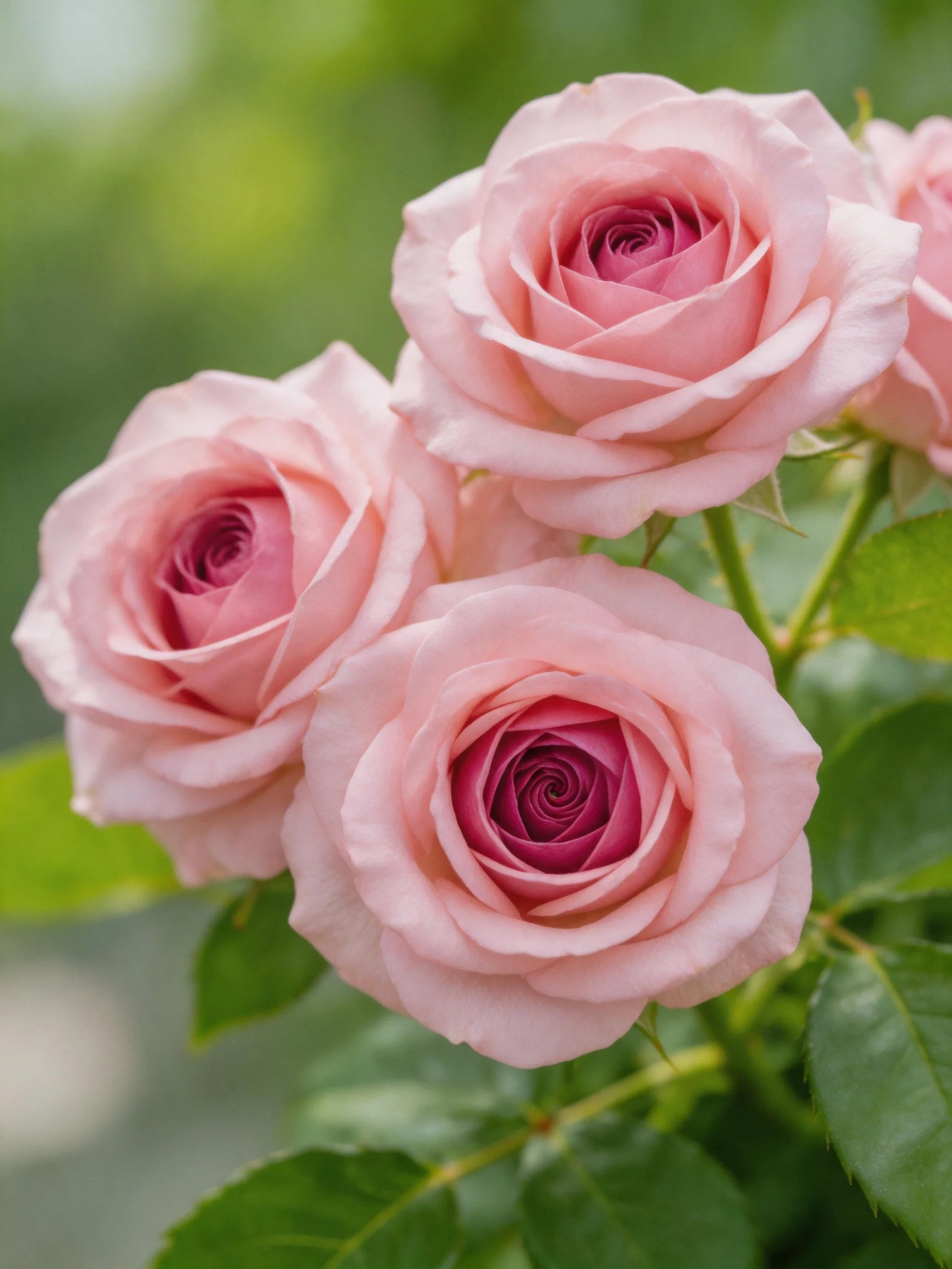 Four soft pink roses with vibrant green foliage