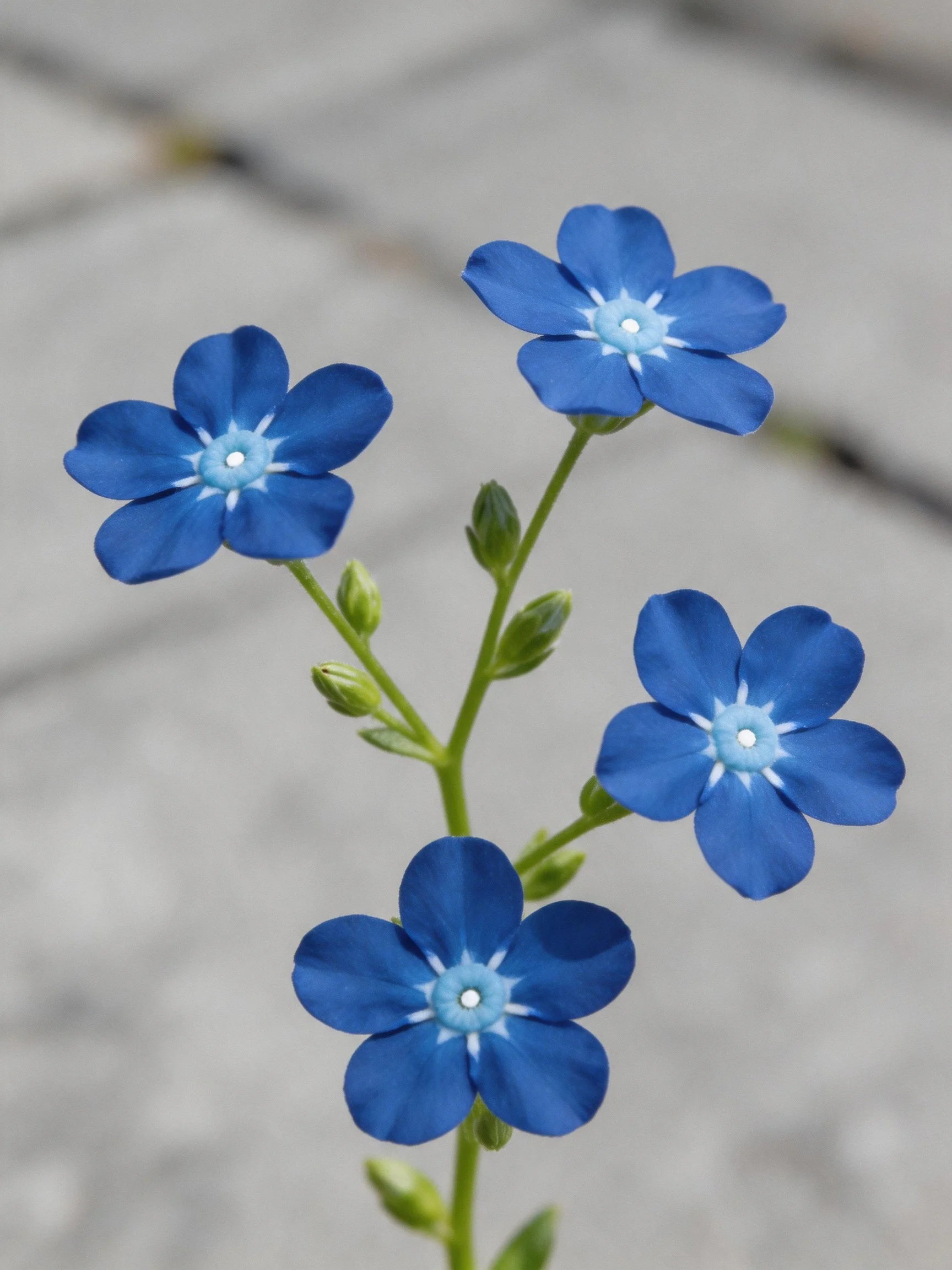 Four vibrant blue flowers with green stems and unopened buds