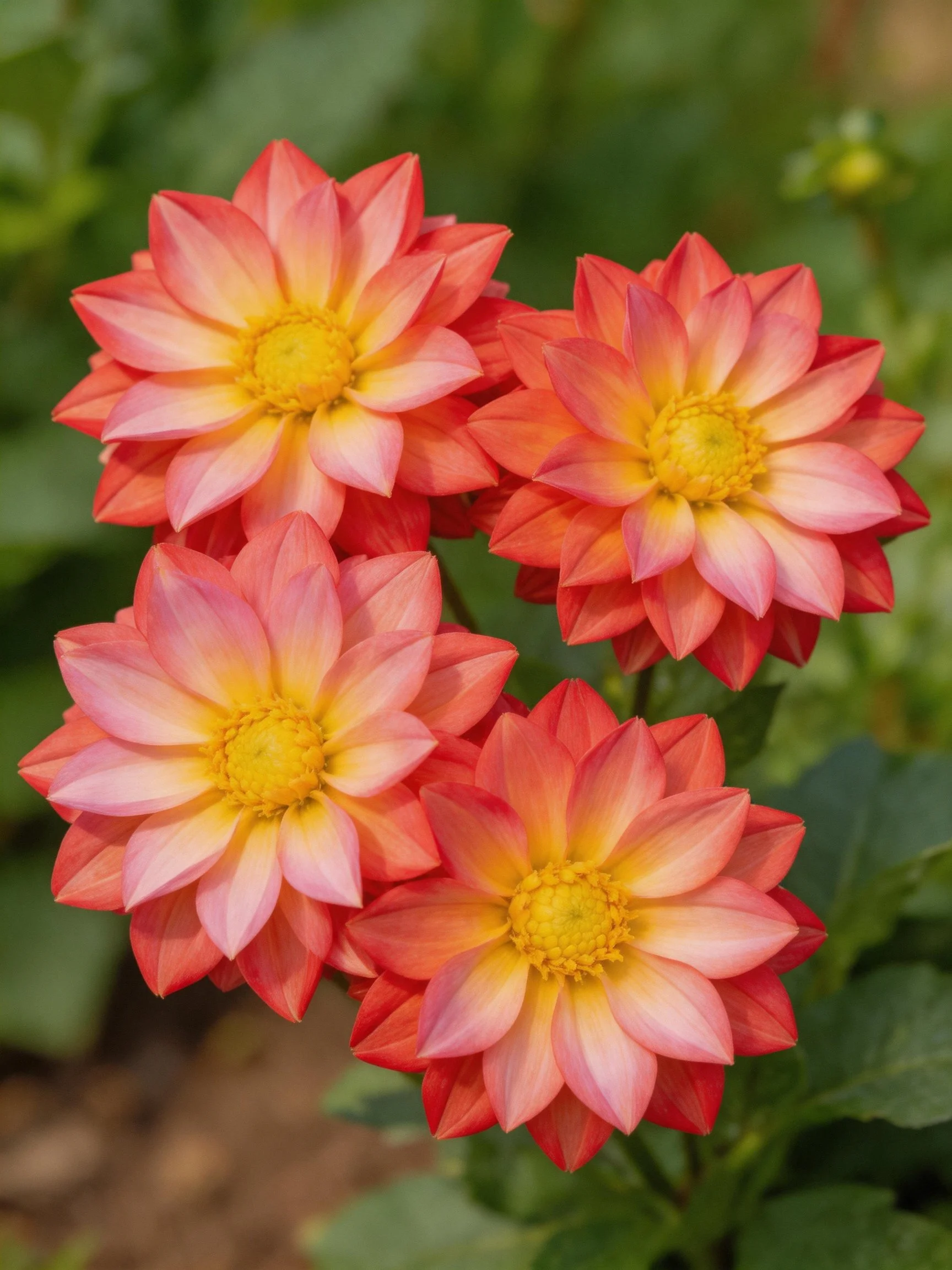 Four vibrant dahlia blooms with orange-pink petals and yellow centers