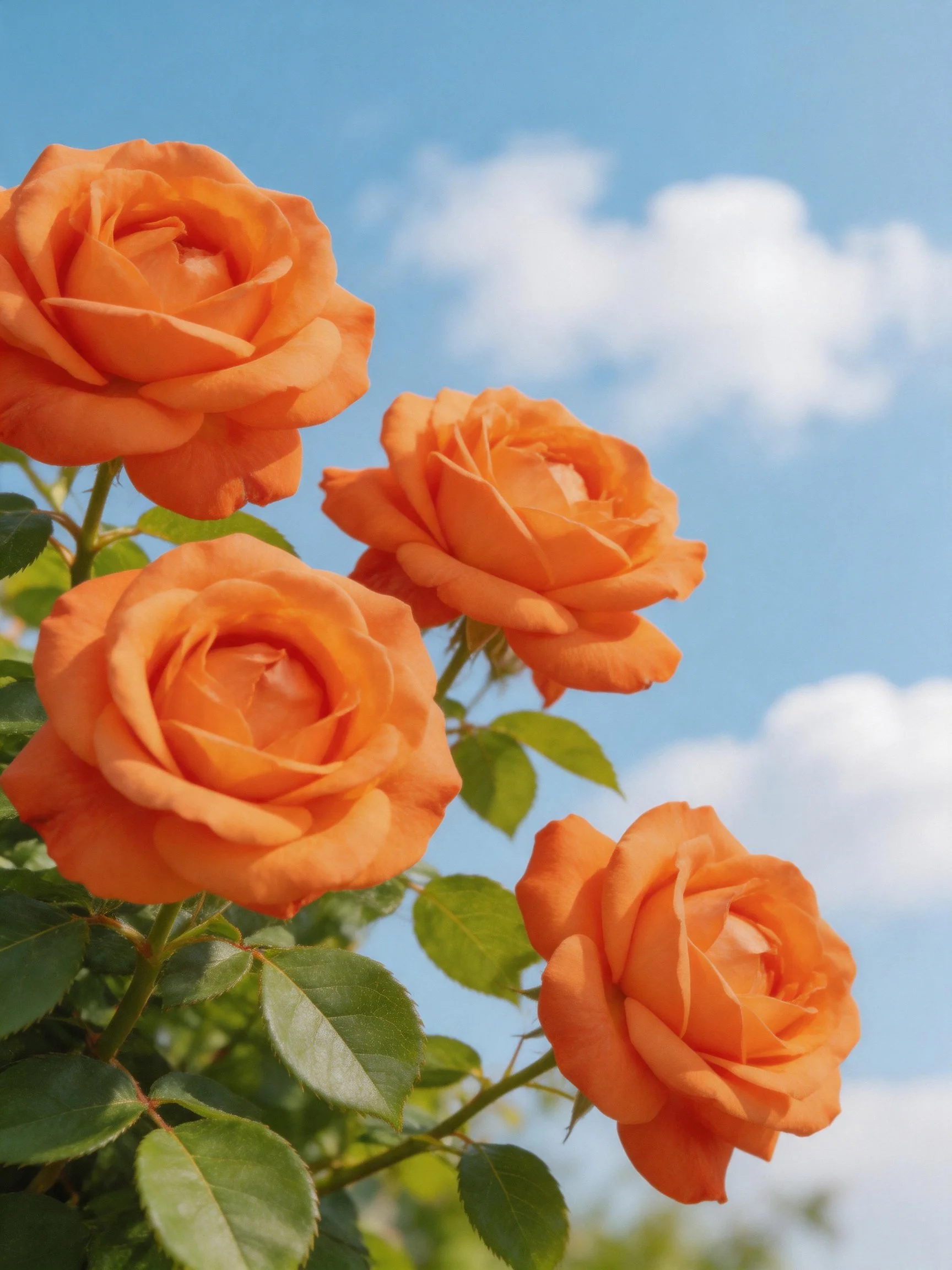 Four vibrant orange roses against a bright blue sky with white clouds