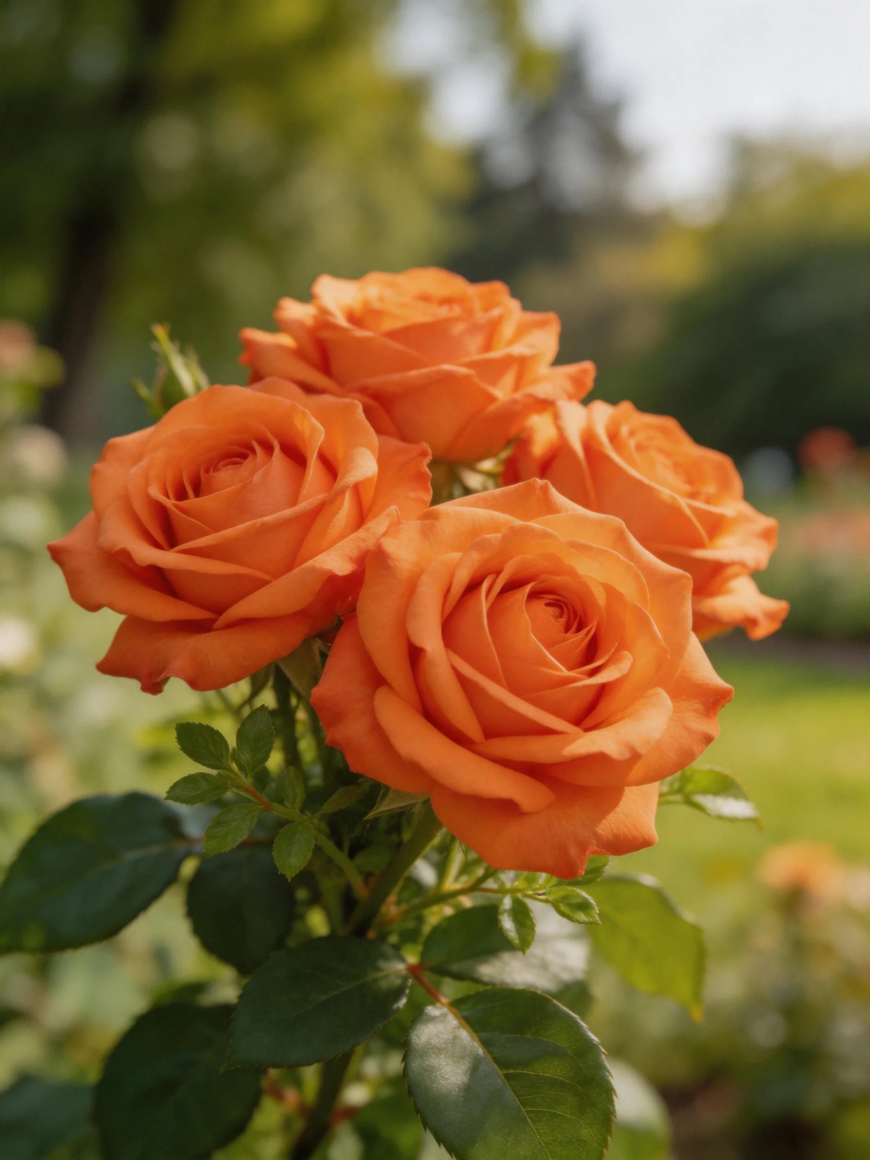 Four vibrant orange roses bloom in a lush garden