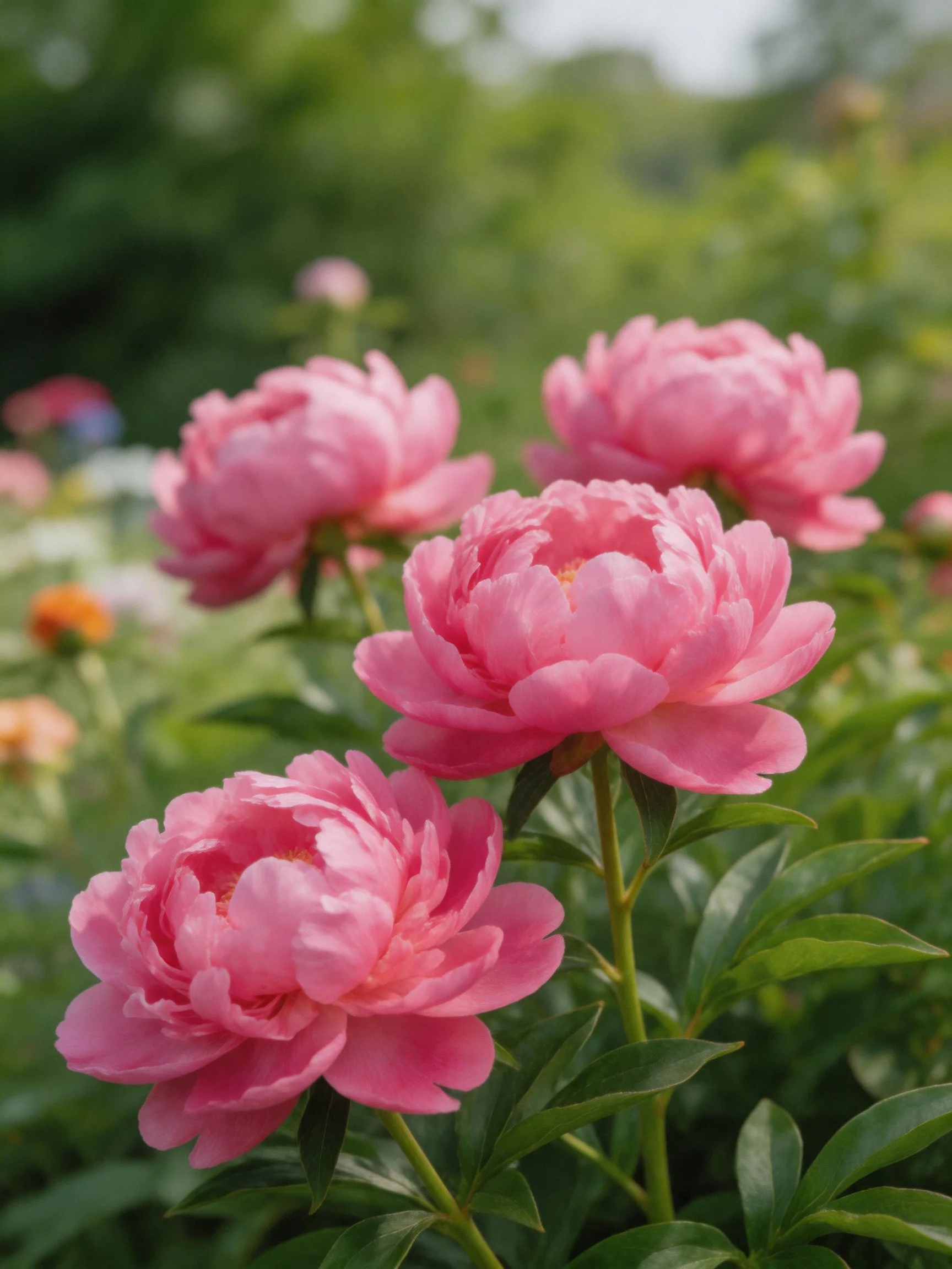 Four vibrant pink peonies bloom among lush green foliage