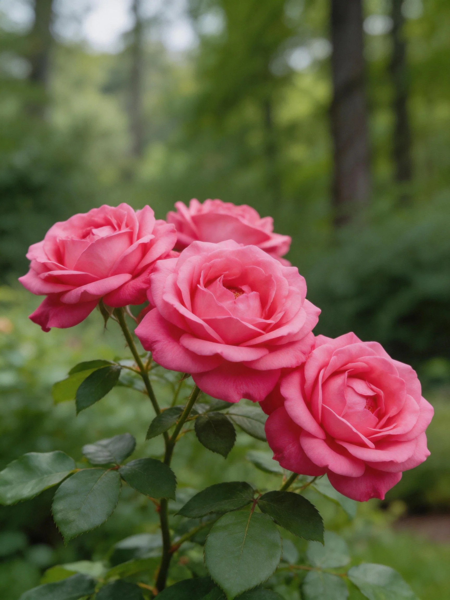 Four vibrant pink roses bloom among lush green foliage