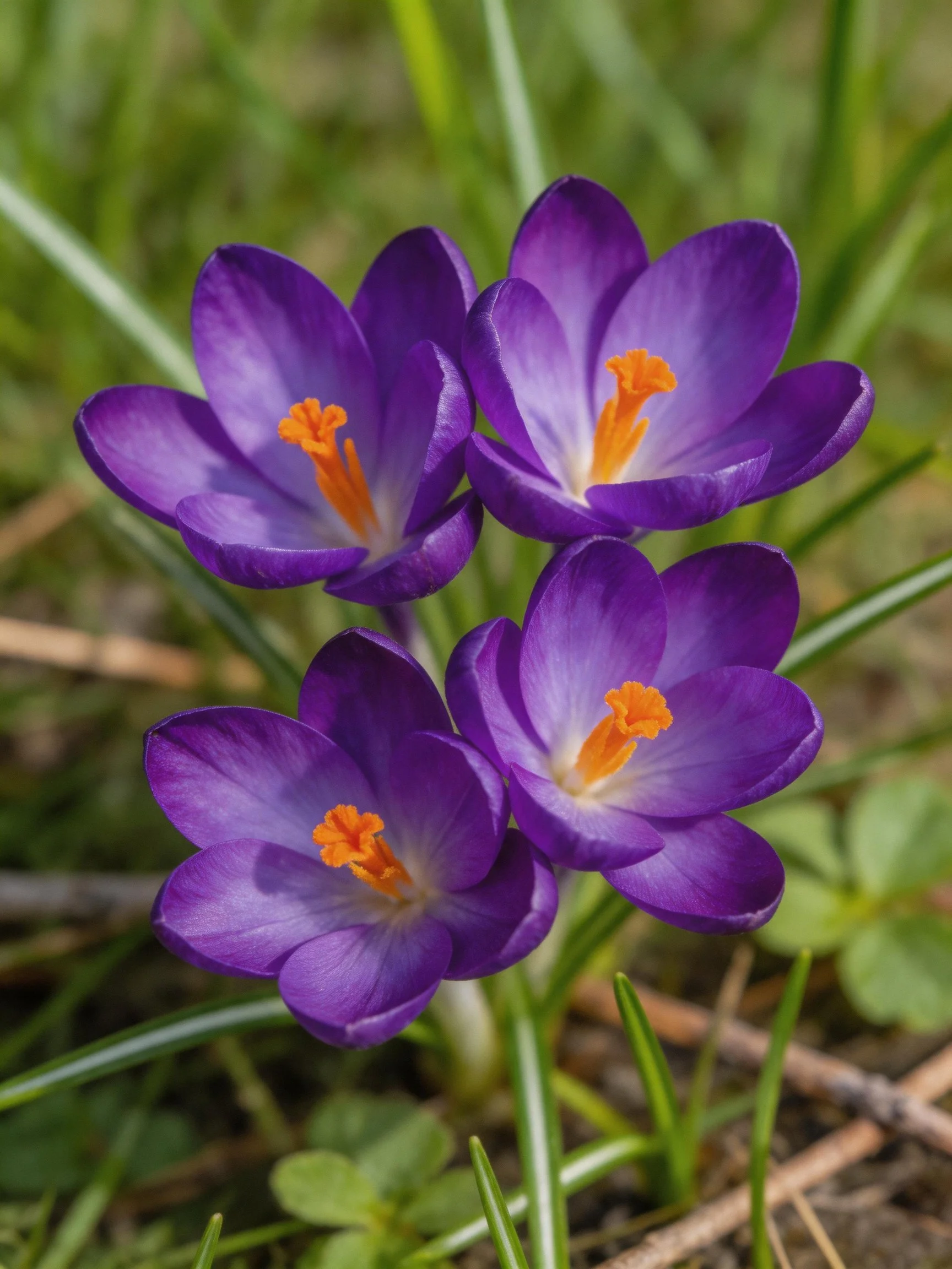 Four vibrant purple crocus flowers with bright orange centers