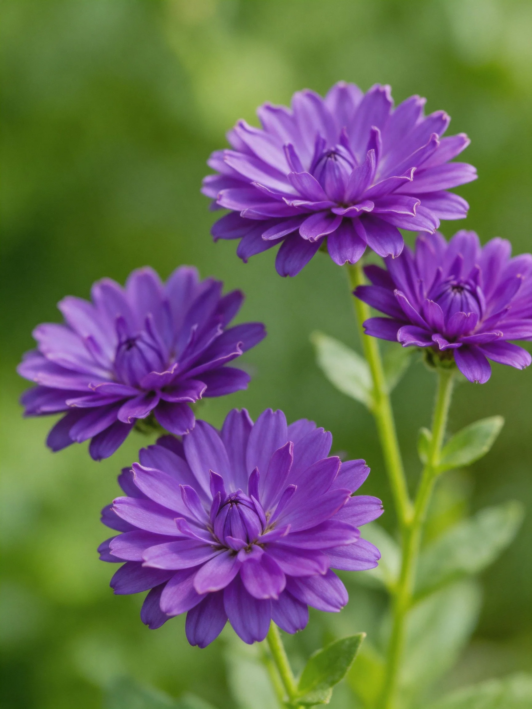Four vibrant purple flowers with green stems against blurred greenery