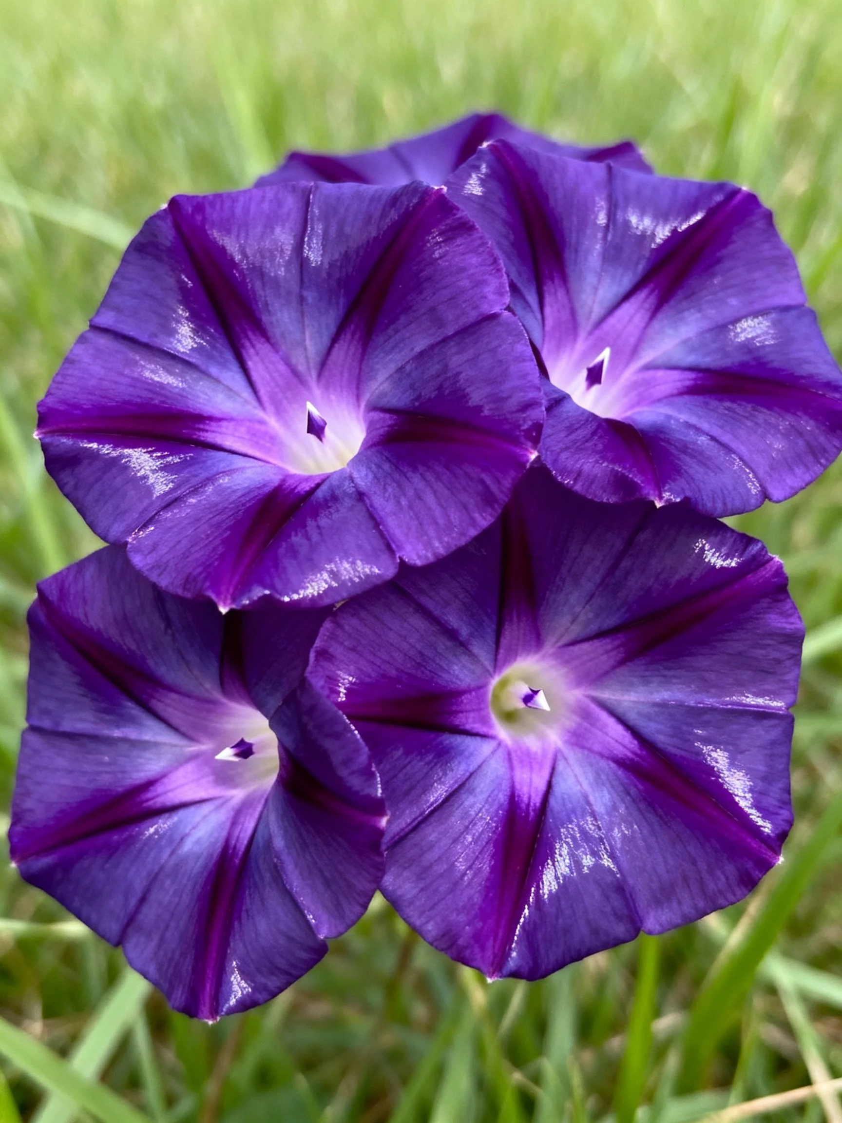 Four vibrant purple morning glory flowers against green grass