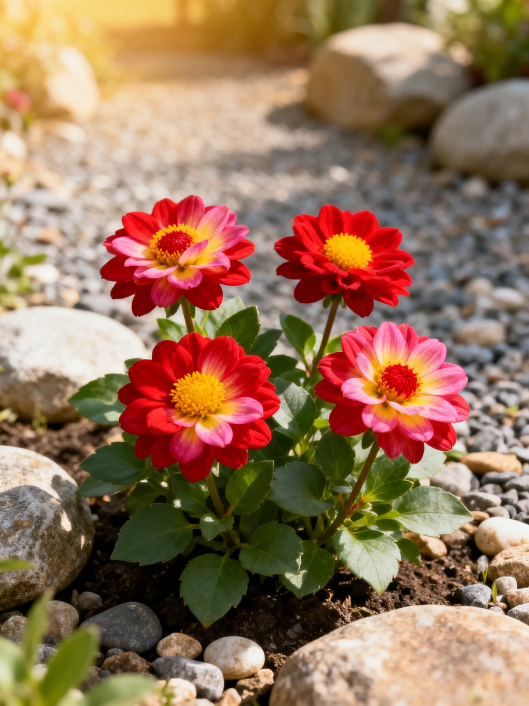 Four vibrant red and pink flowers with yellow centers near rocks