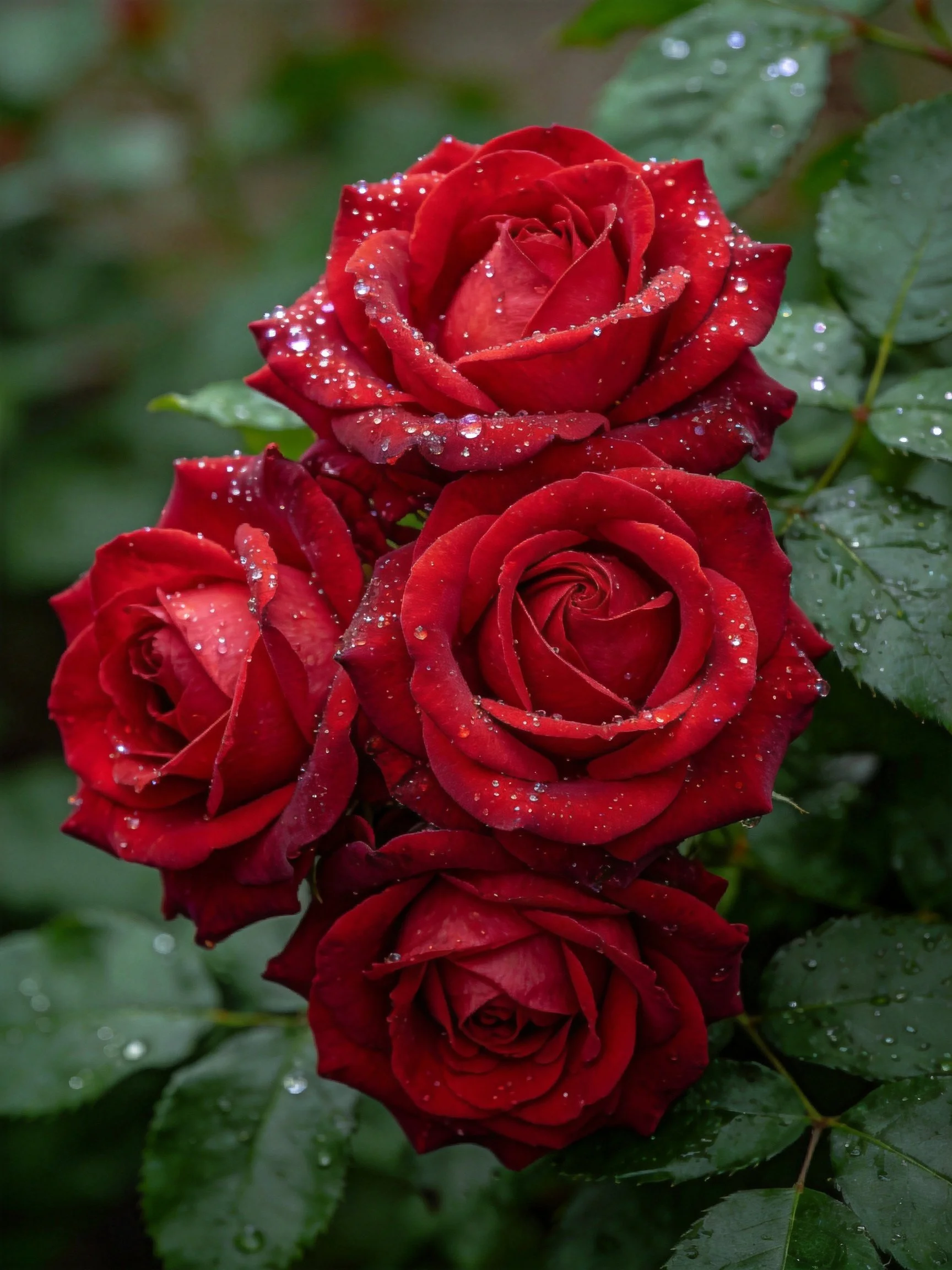 Four vibrant red roses with dewdrops on green leaves