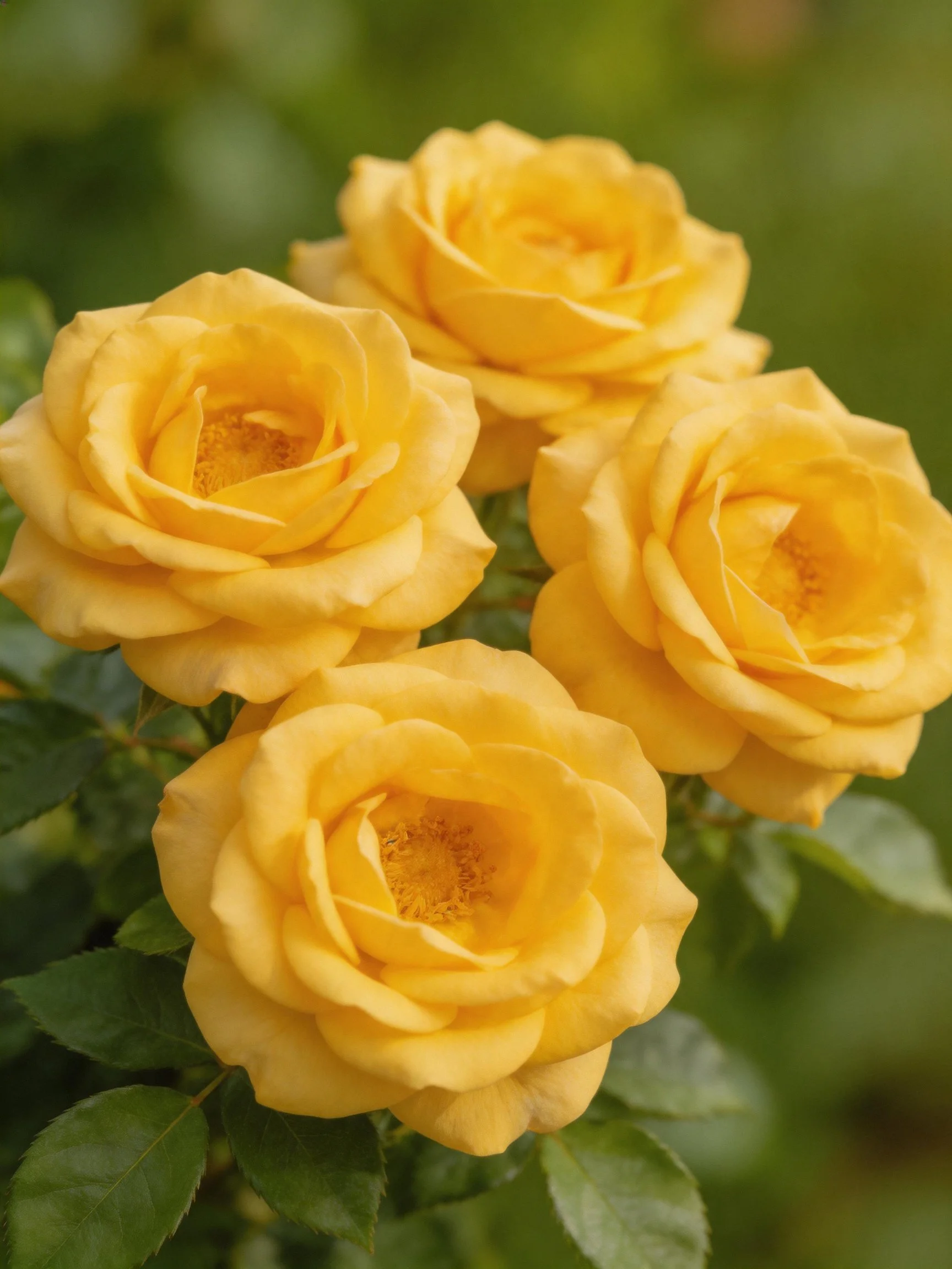 Four vibrant yellow roses cluster amid green foliage
