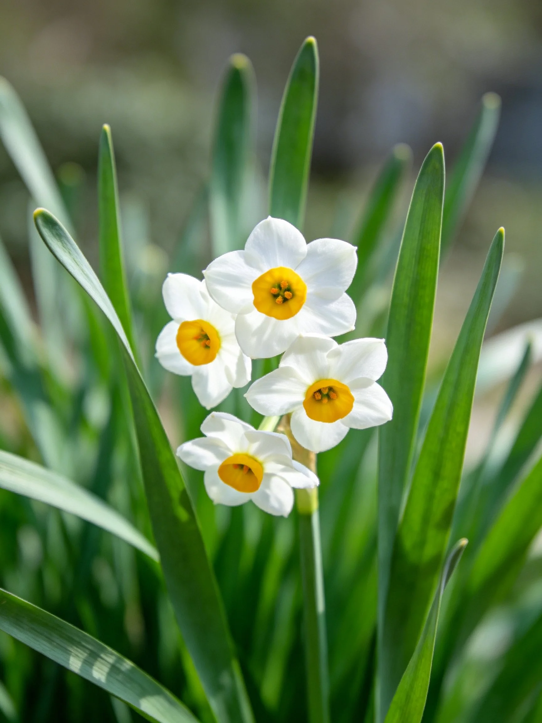 Four white-and-yellow daffodilsamong long green foliage