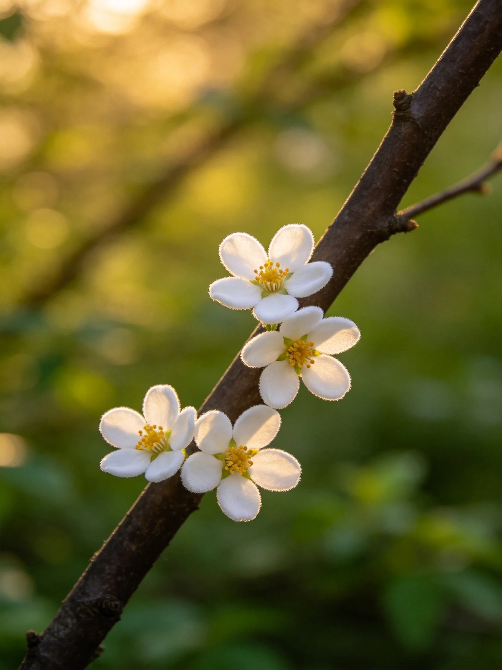 Four white blossoms bloom on a dark brown branch with golden bokeh