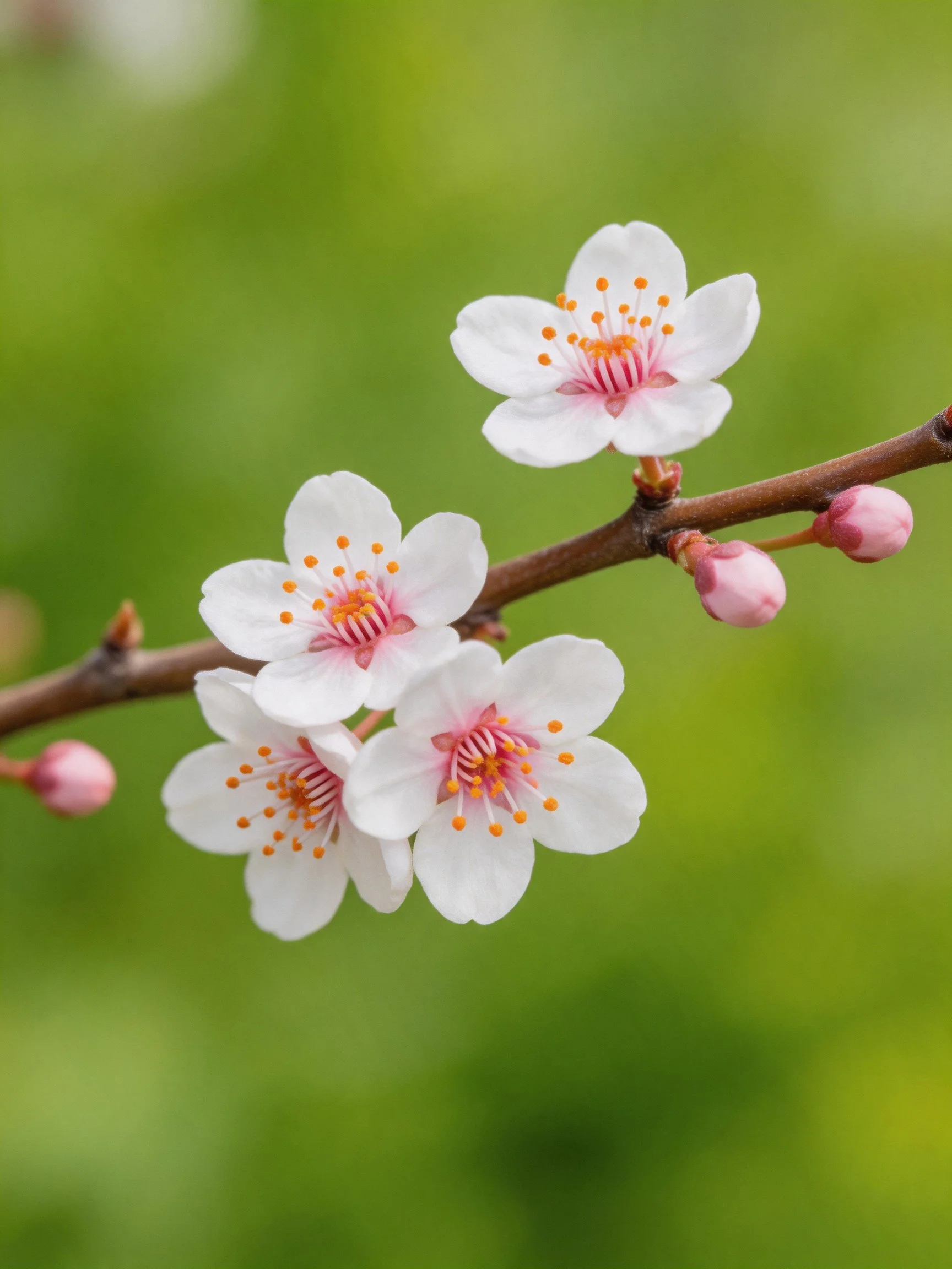 Four white cherry blossoms with pink centers and two buds on a brown branch