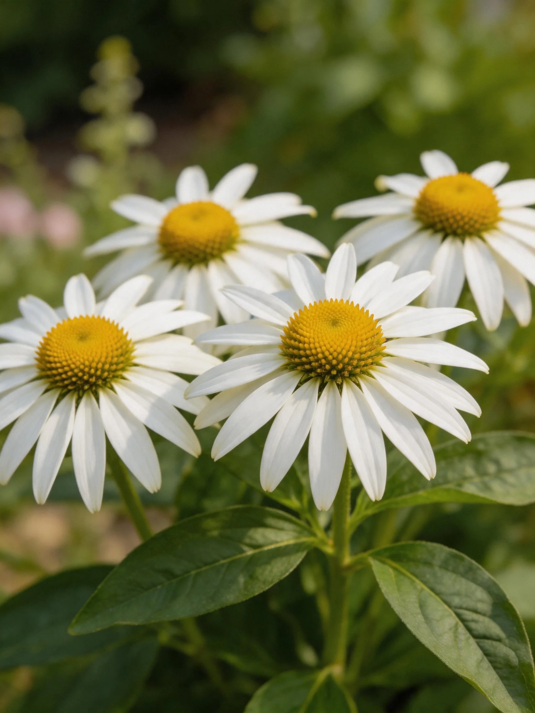 Four white coneflower blooms with yellow centers among green foliage