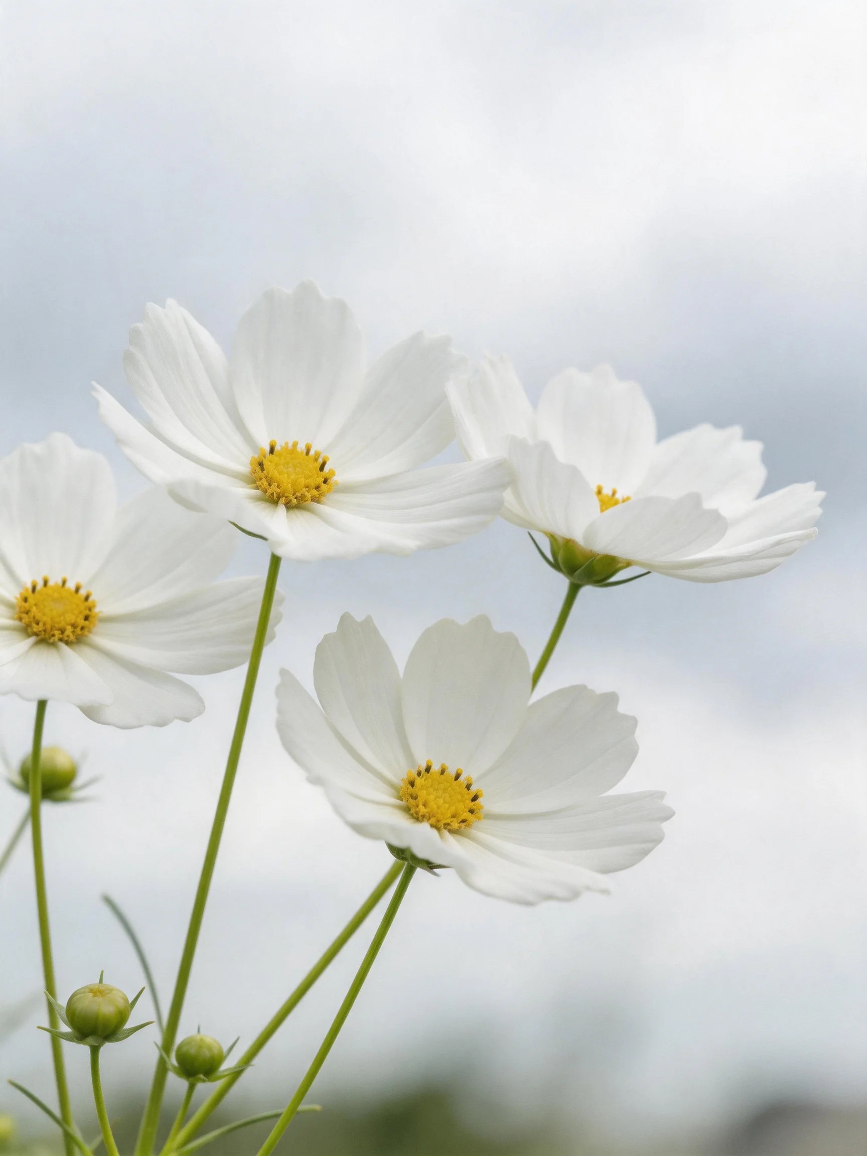 Four white cosmos flowers with yellow centers set against a soft blue sky