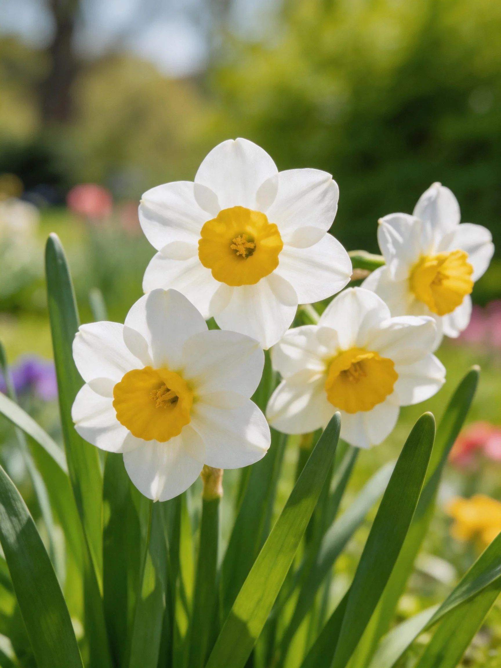 Four white daffodils with bright yellow centers amid lush green foliage