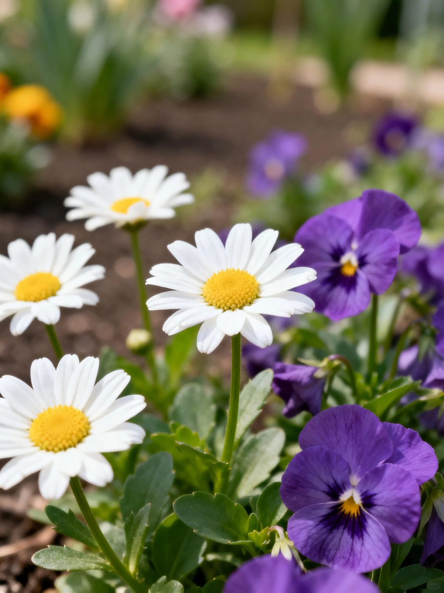 Four white daisies and purple pansies in a sunlit flower bed