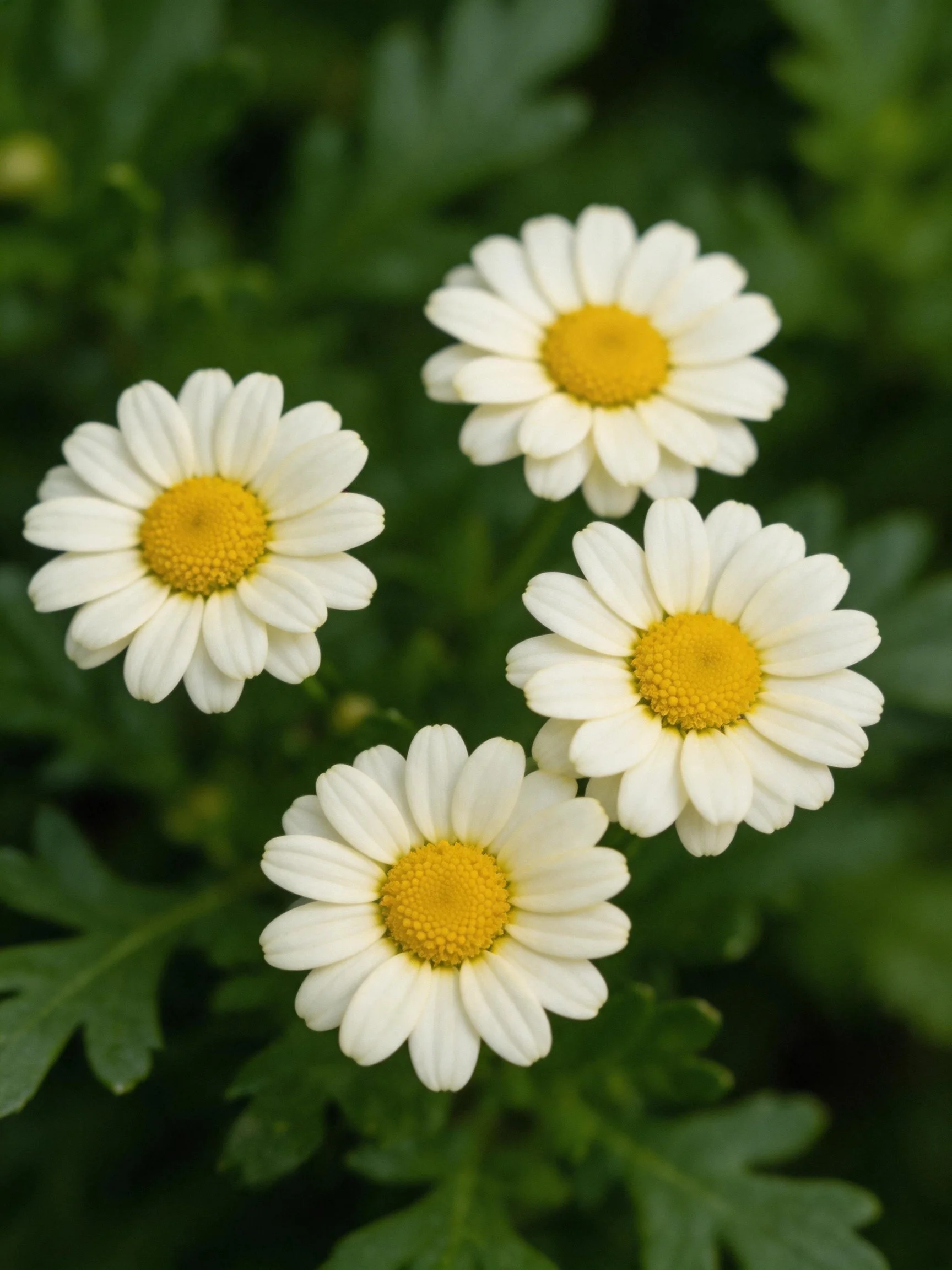 Four white daisies with golden centers amidst lush greenery