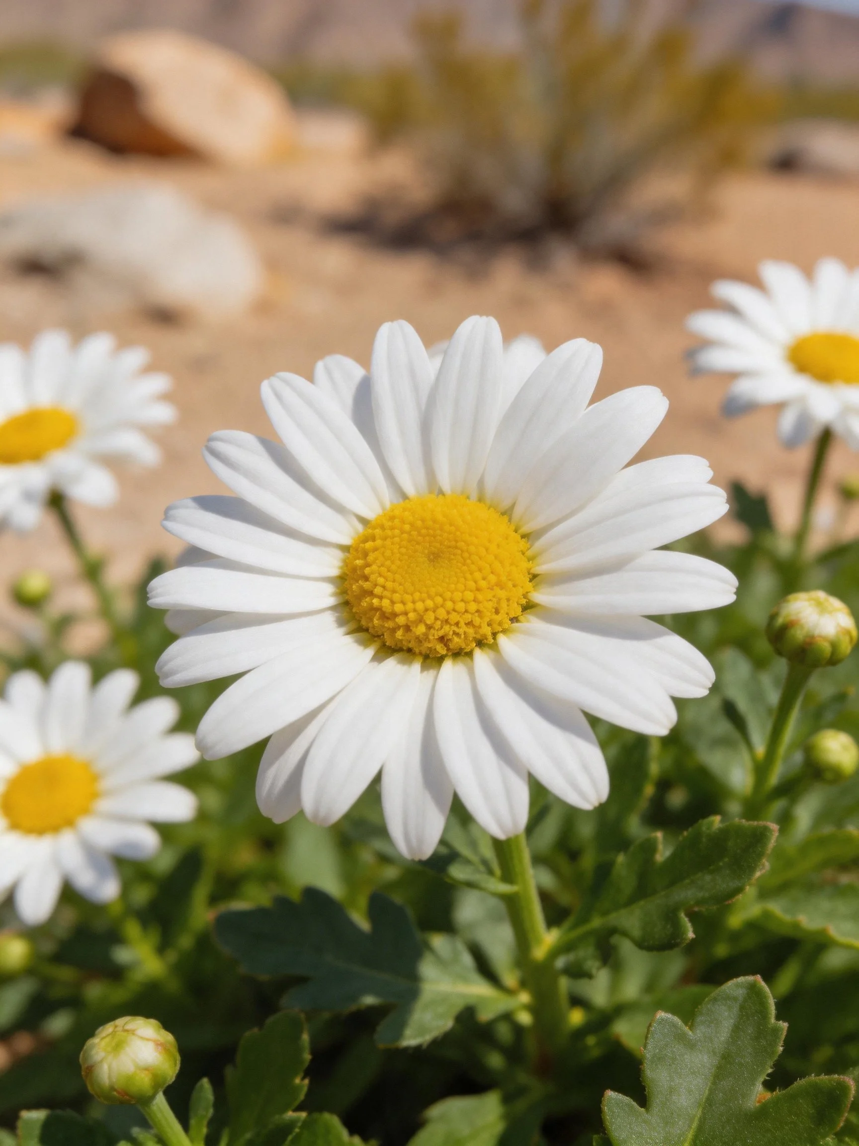 Four white daisies with yellow centers amid green foliage