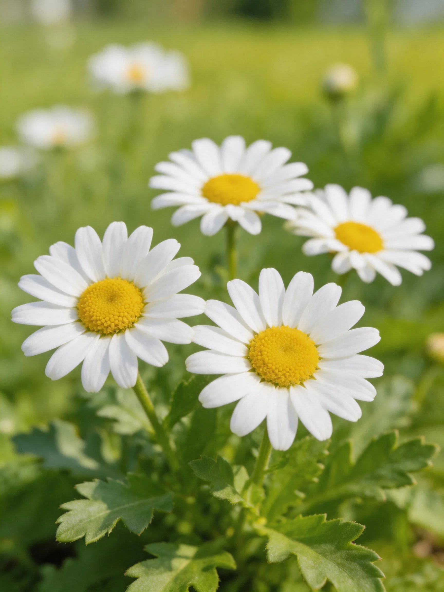 Four white daisy flowers with yellow centers amid greenery
