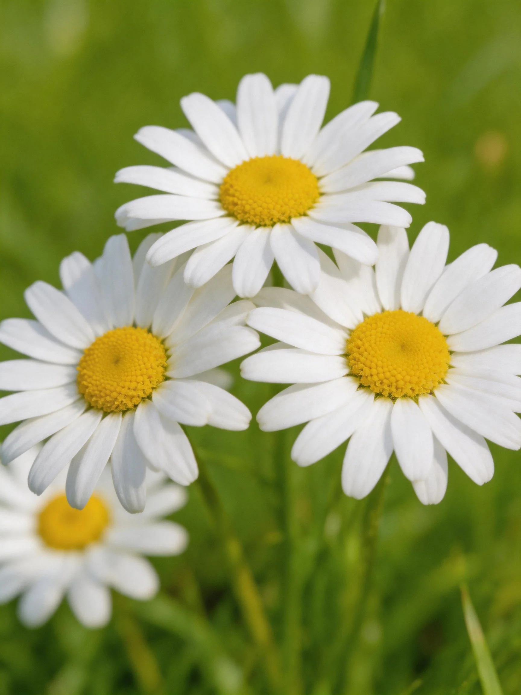 Four white daisy flowers with yellow centers among green foliage