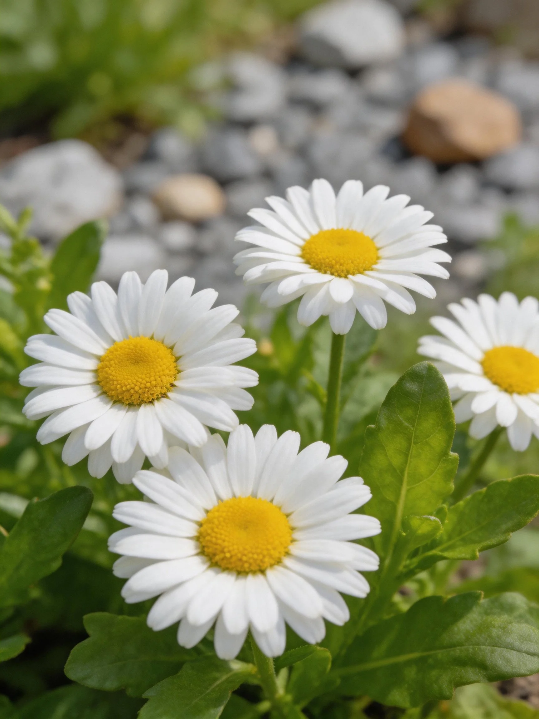 Four white daisy flowers with yellow centers near green leaves and pebbles