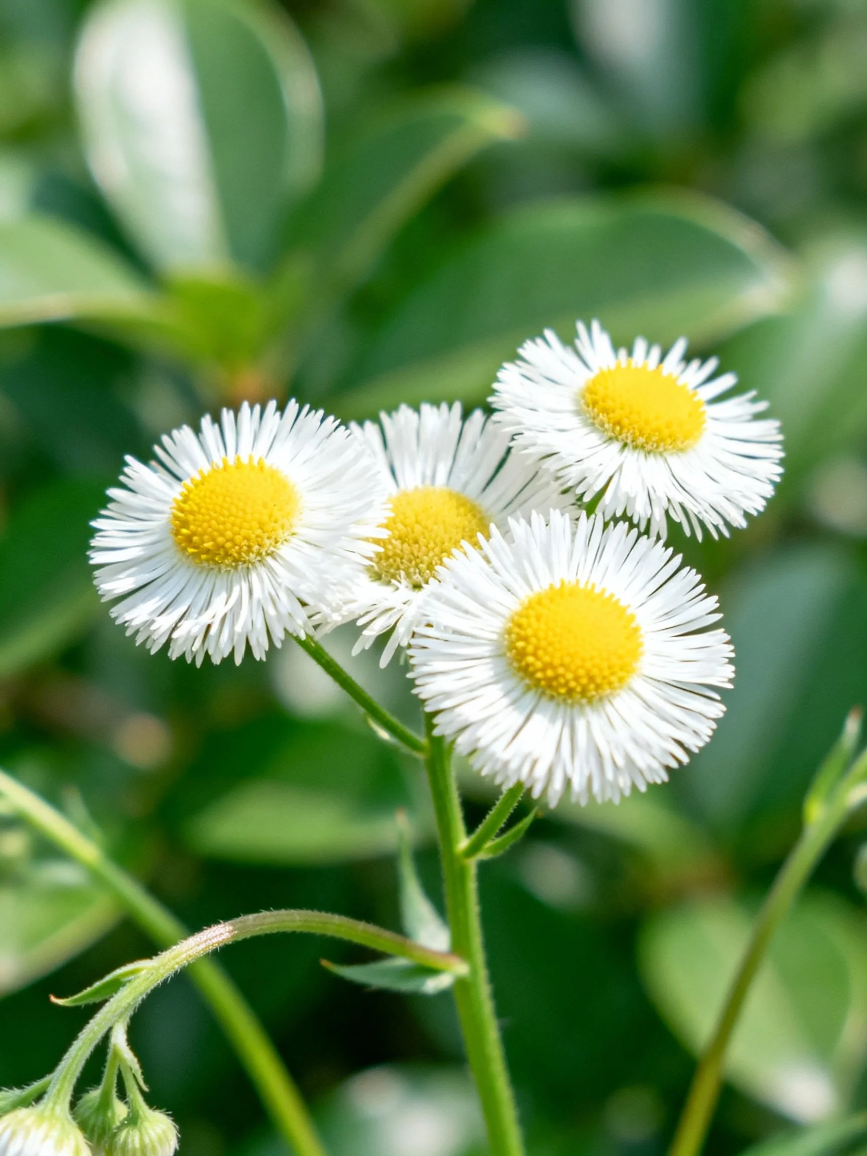 Four white daisy - like flowers with yellow centers amid green foliage