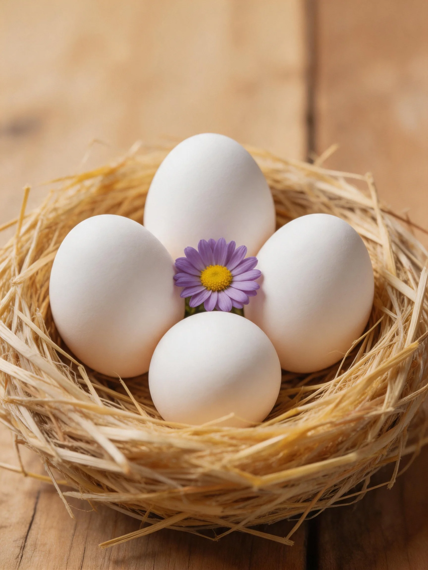 Four white eggs in a straw nest with a purple flower