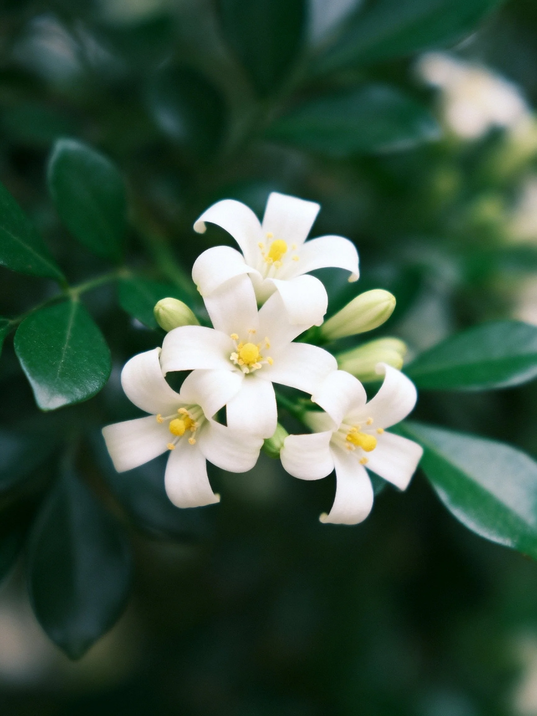 Four white jasmine flowers with yellow centers amid glossy green foliage