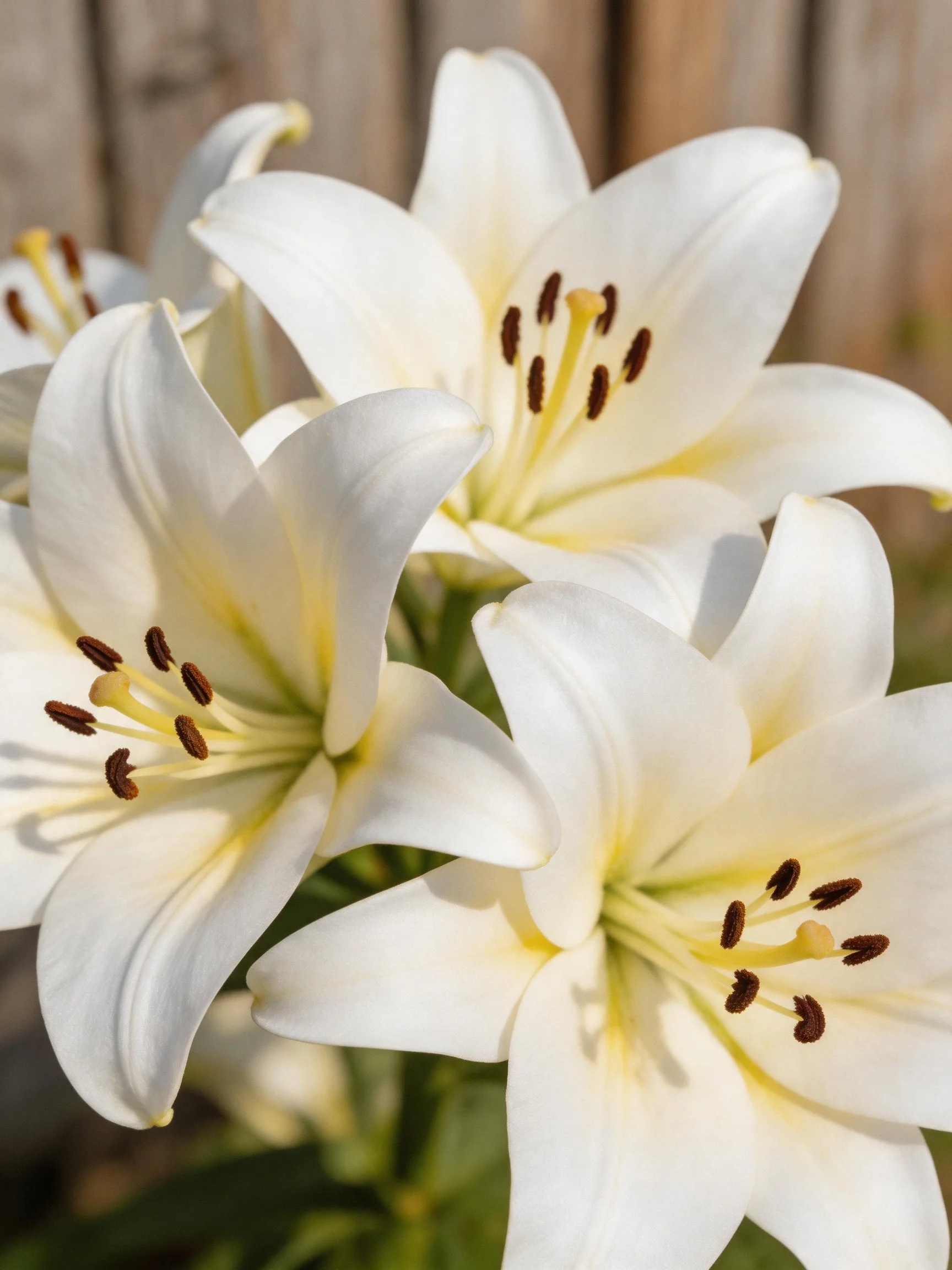 Four white lilies with yellow centers and brown stamens