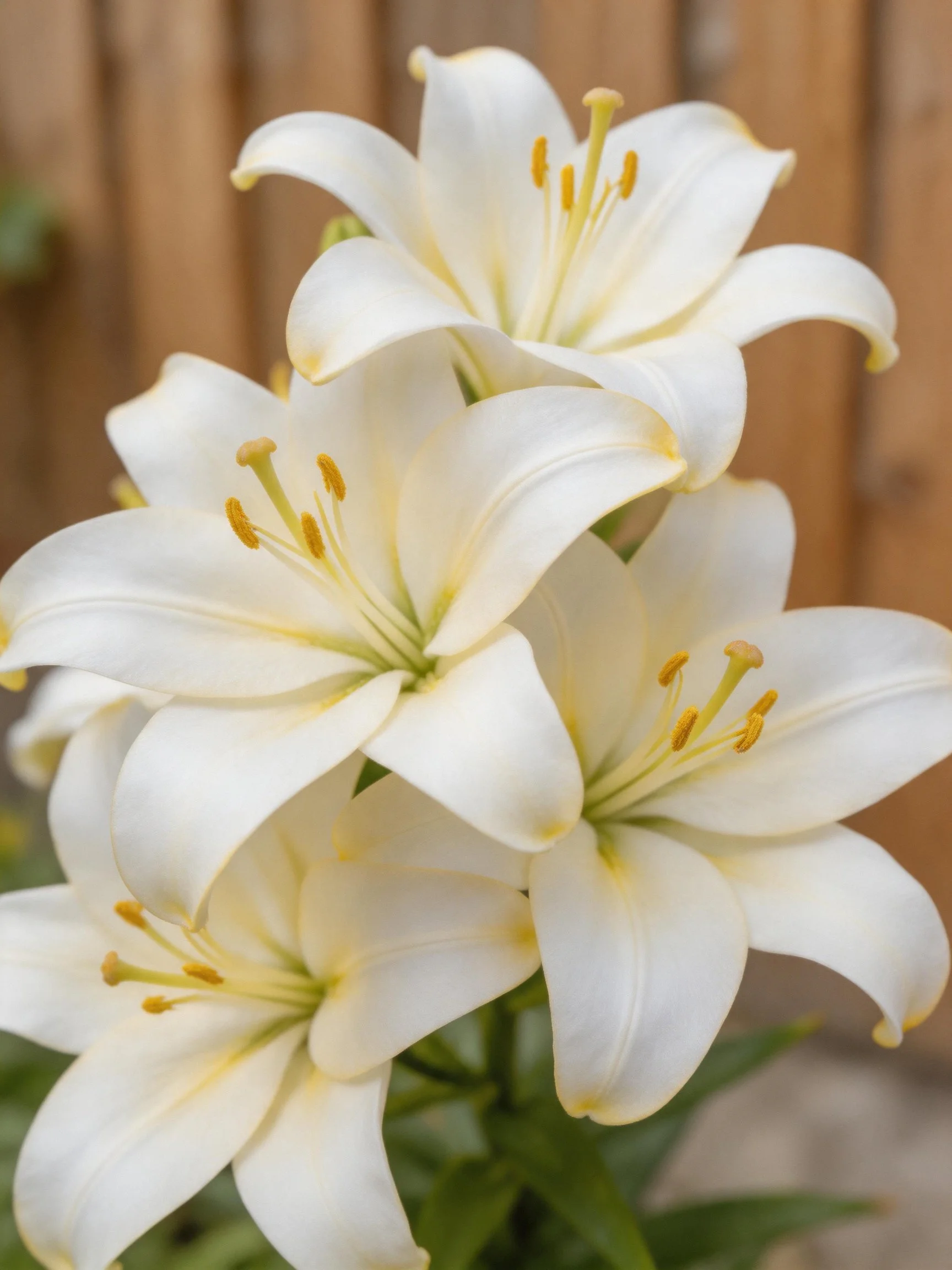 Four white lilies with yellow stamens near a wooden fence