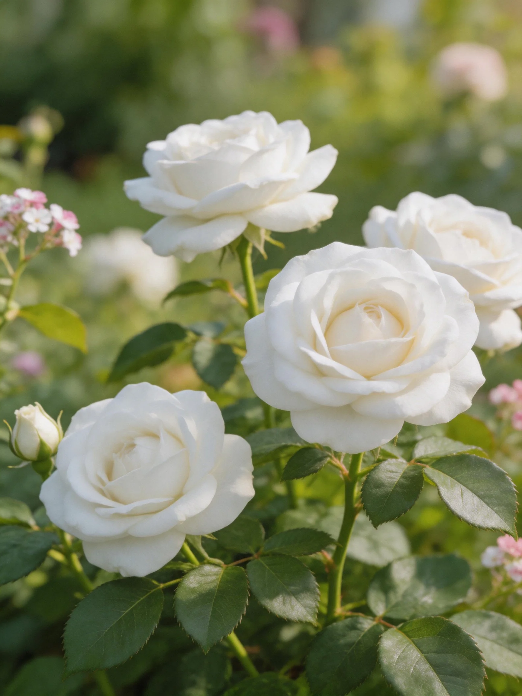 Four white roses bloom among green foliage with small pink flowers