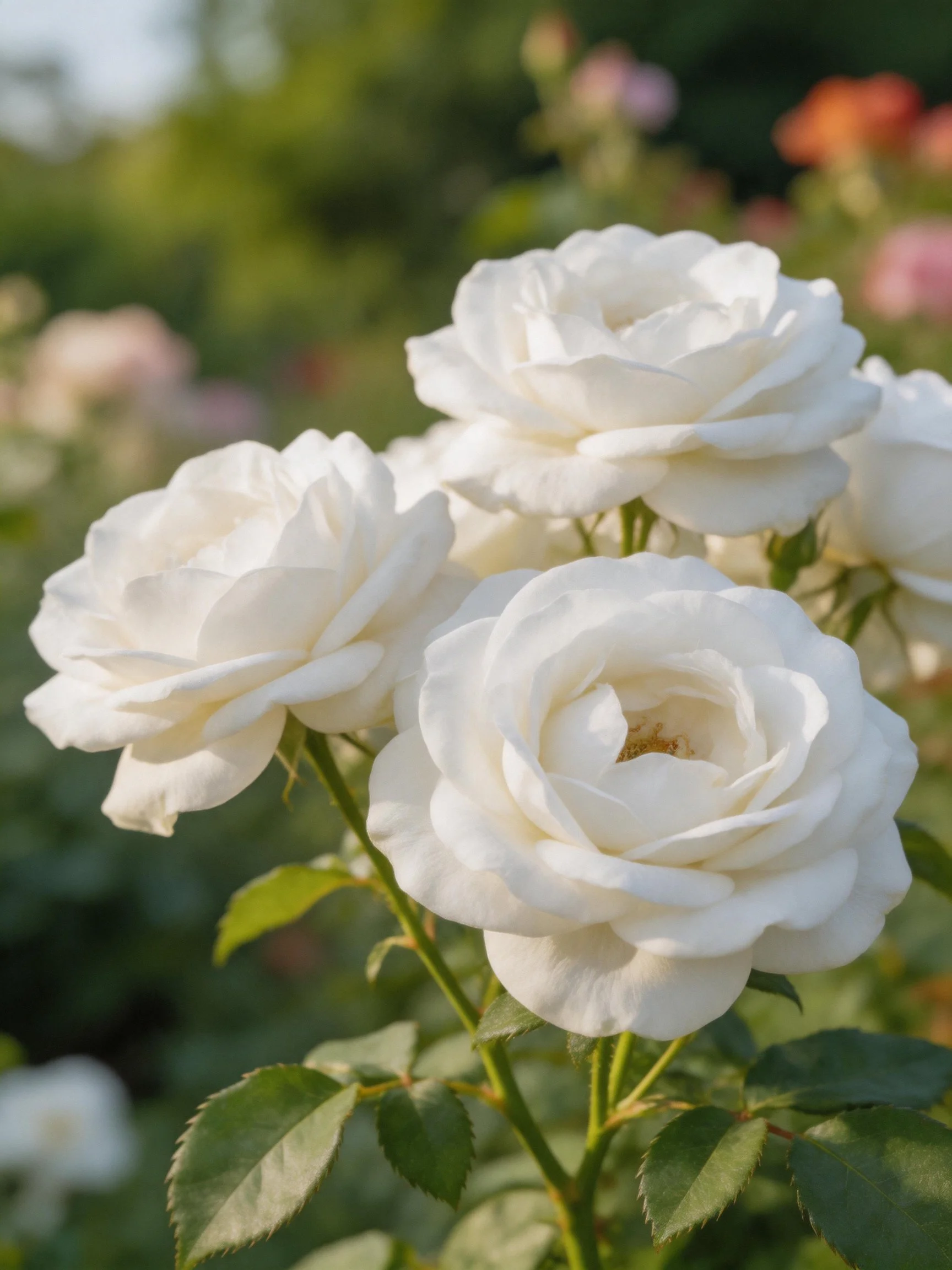 Four white roses bloom with lush green leaves in a sunlit garden